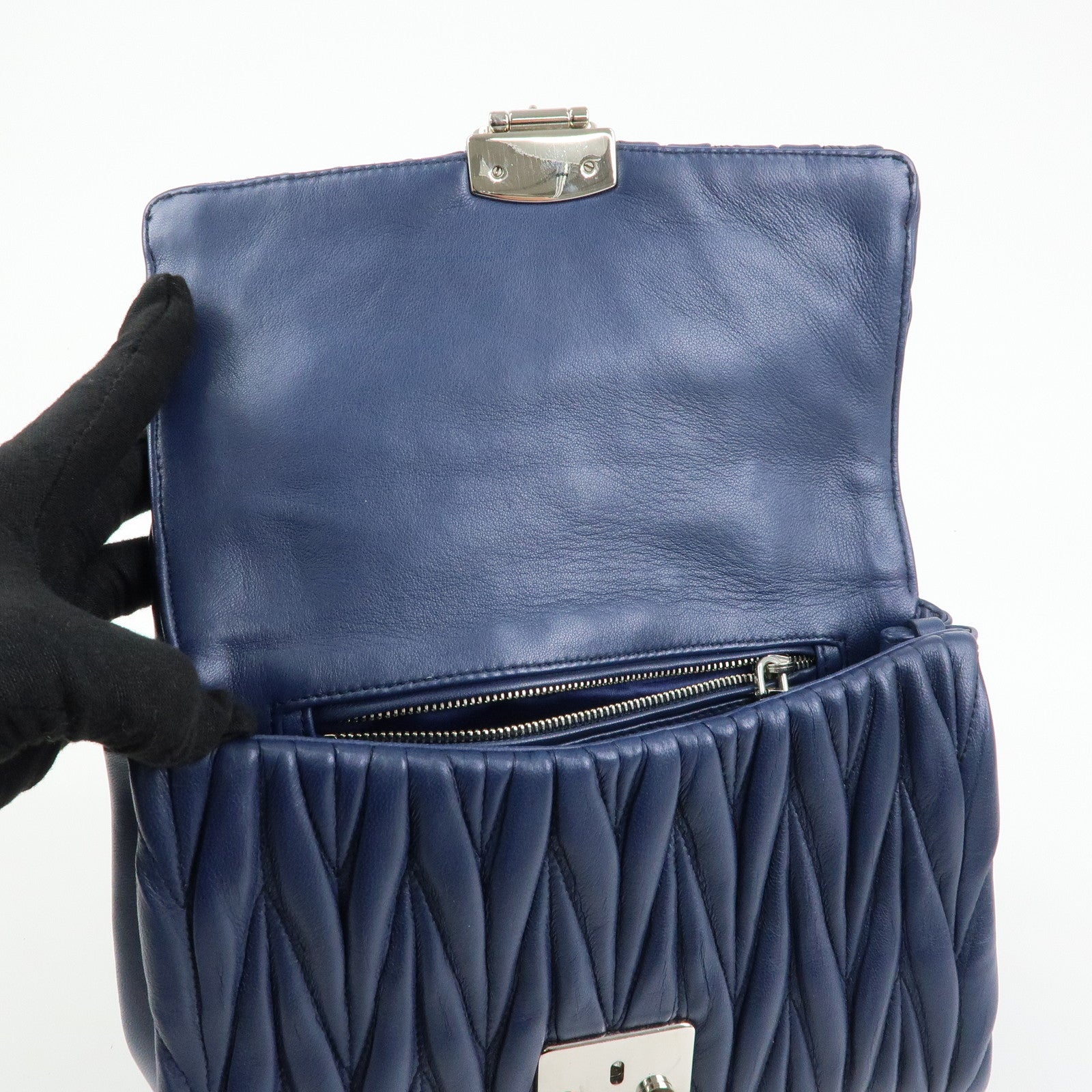 MIU MIU Matelasse Nappa Leather Shoulder Bag Chain Bag Navy