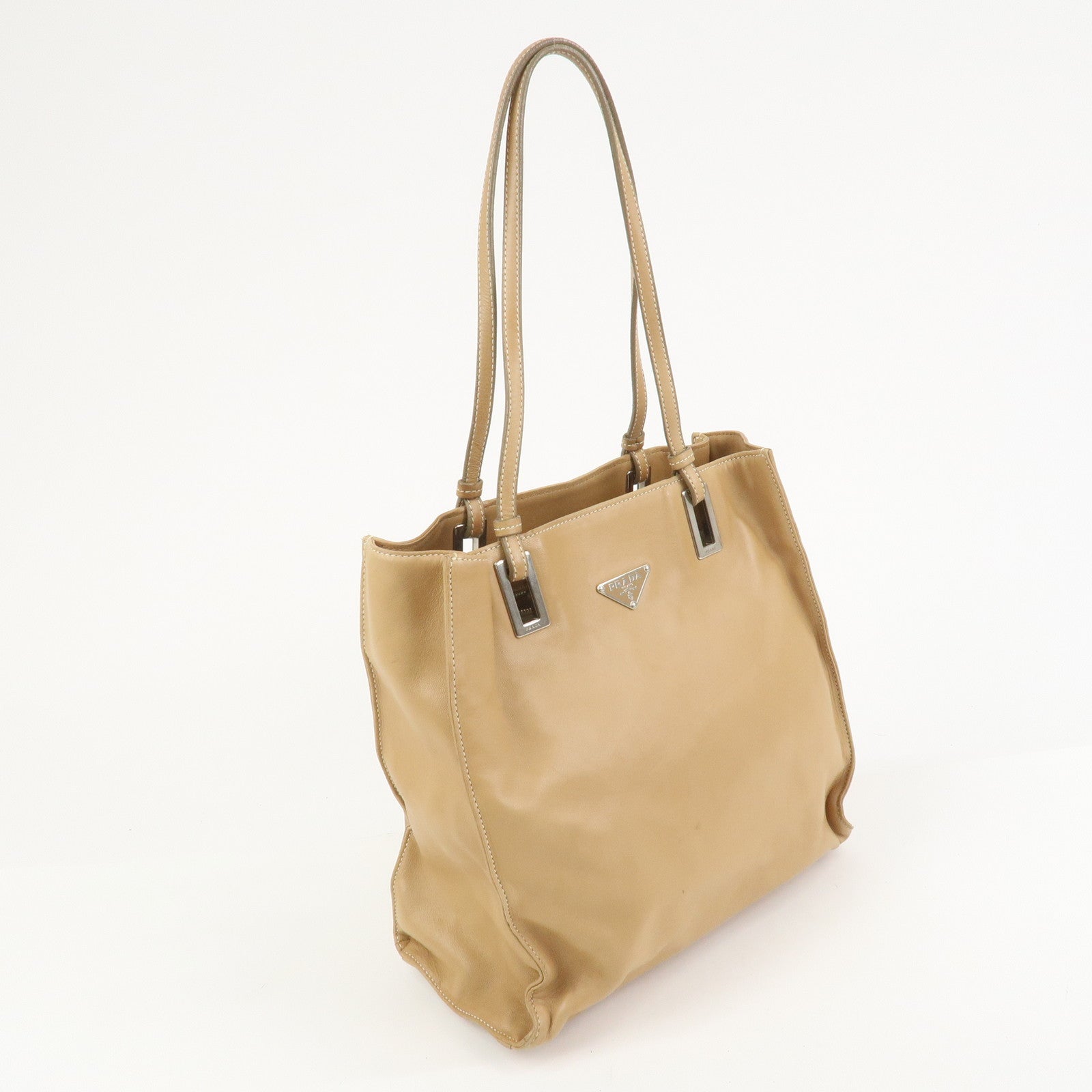 PRADA Triangle Logo Lambskin Tote Bag Shoulder Bag Beige BR1566