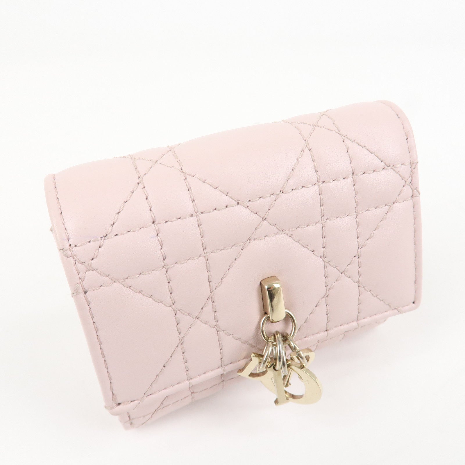 Christian Dior Cannage Leather Compact Wallet Pink Used