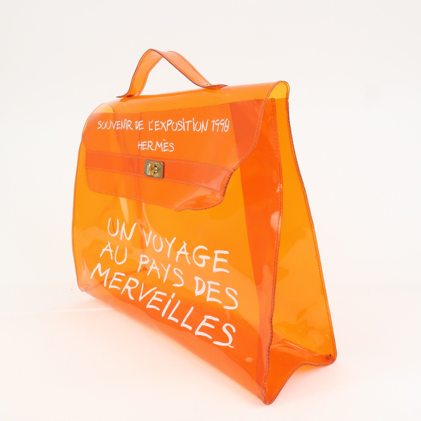HERMES Kelly Vinyl Hand Bag Clear Transparent Orange