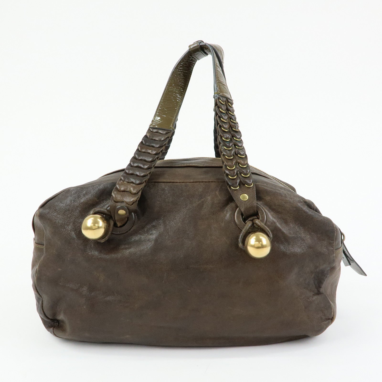 Chloe Leather Patent Leather Boston Bag Shoulder Bag Dark Brown