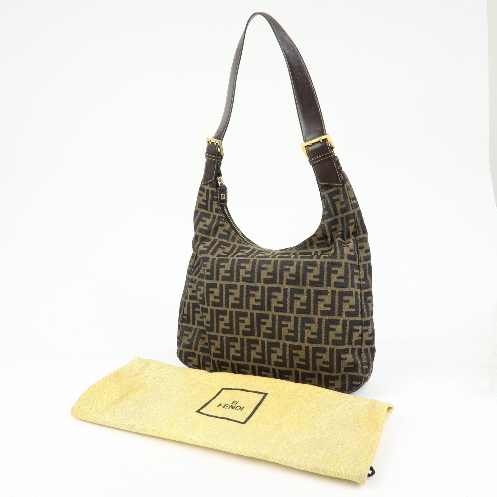 FENDI Zucca Canvas Leather Shoulder Bag Hand Bag Brown