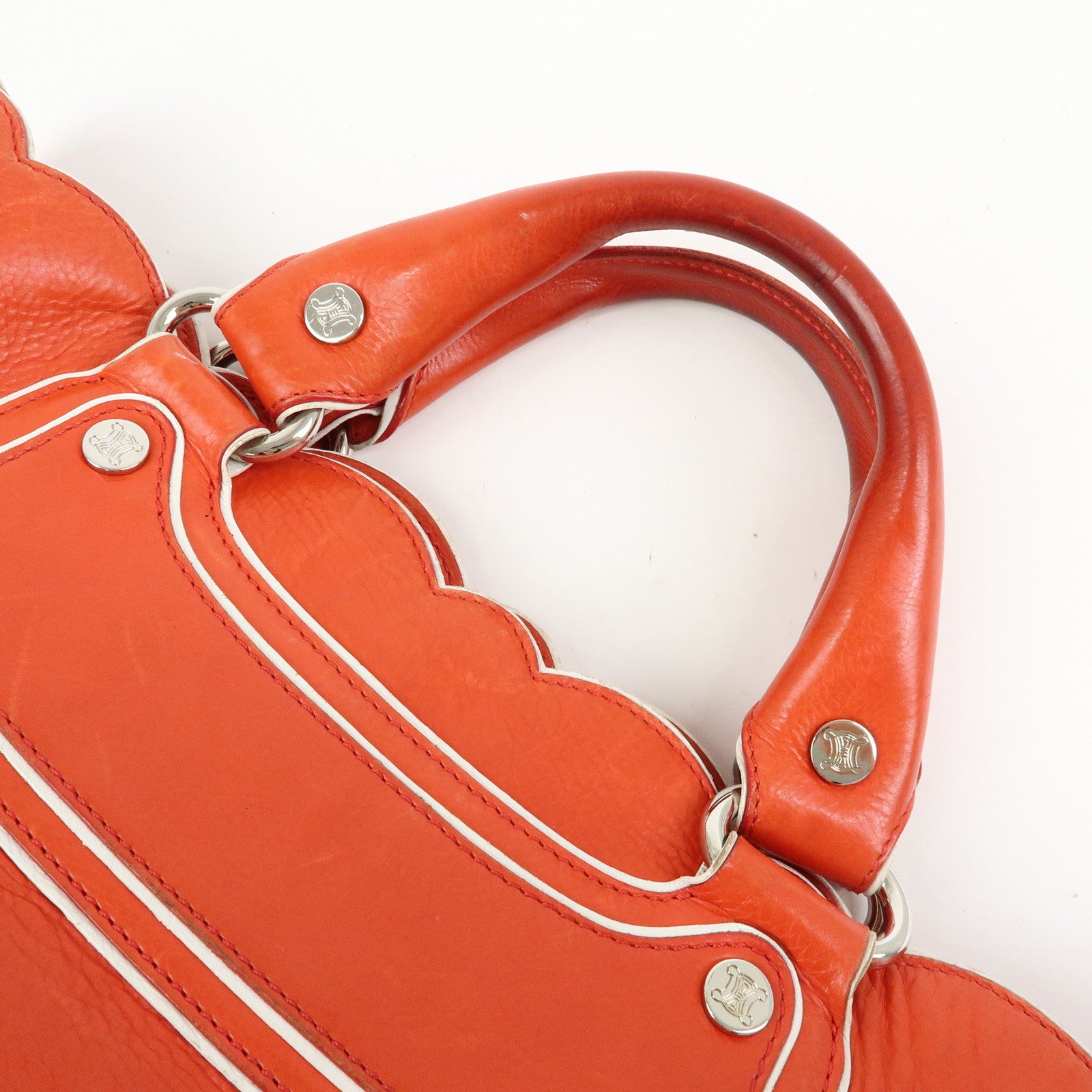 CELINE Scalloped Boogie Bag Leather Hand Bag Tote Bag Orange White
