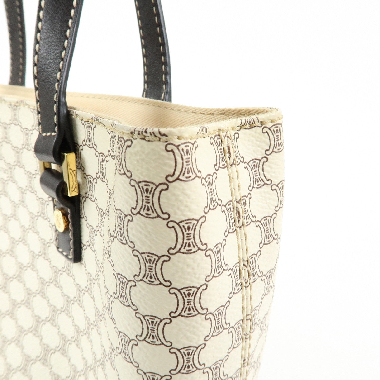 CELINE Macadam PVC Coated Canvas Leather Tote Bag White Dark Brown