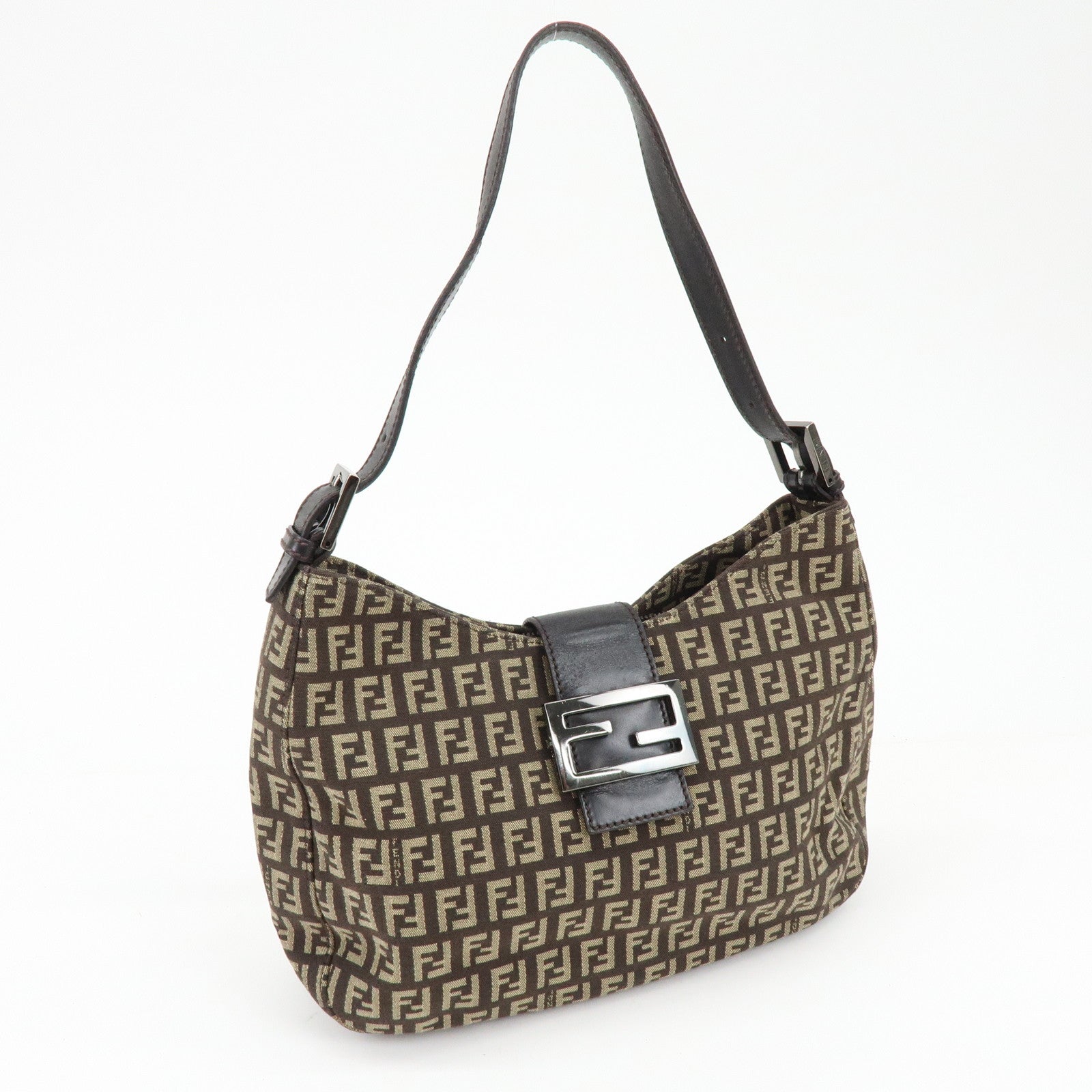 FENDI Zucchino Canvas Leather Shoulder Bag Brown 8BR036