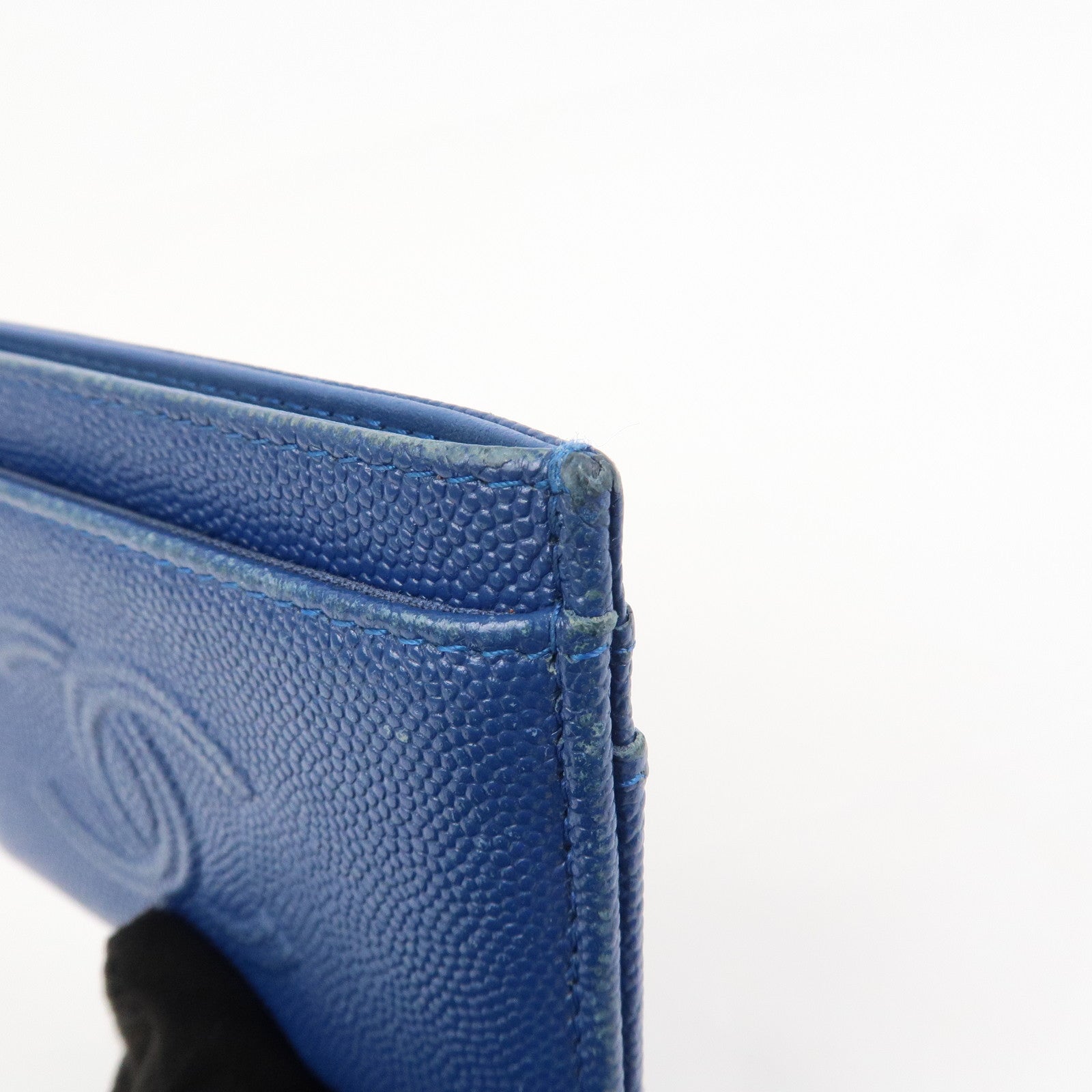 CHANEL Logo Caviarskin Leather Card Case Card Holder Blue