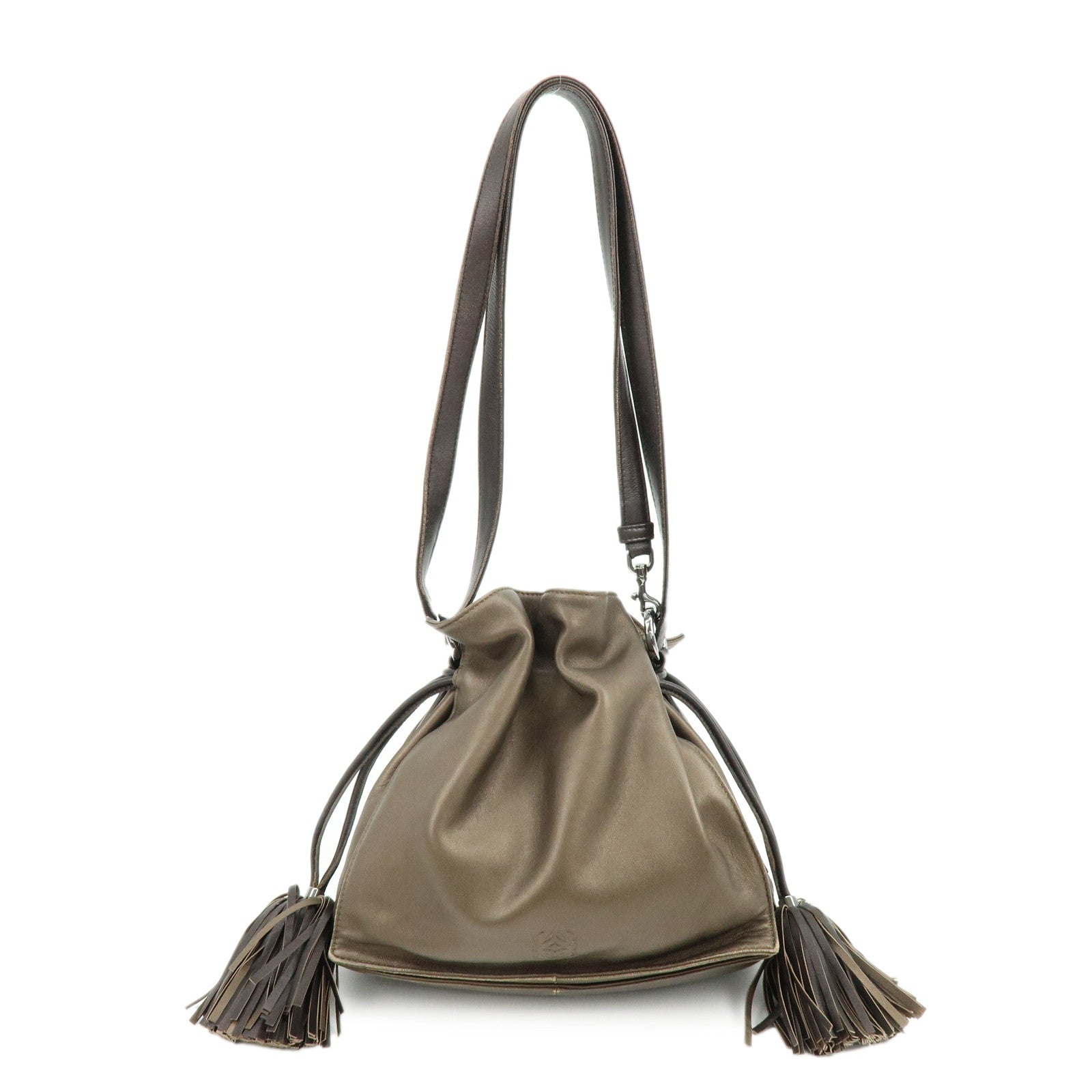 LOEWE Anagram Nappa Leather Drawstring Fringe Shoulder Bag Brown