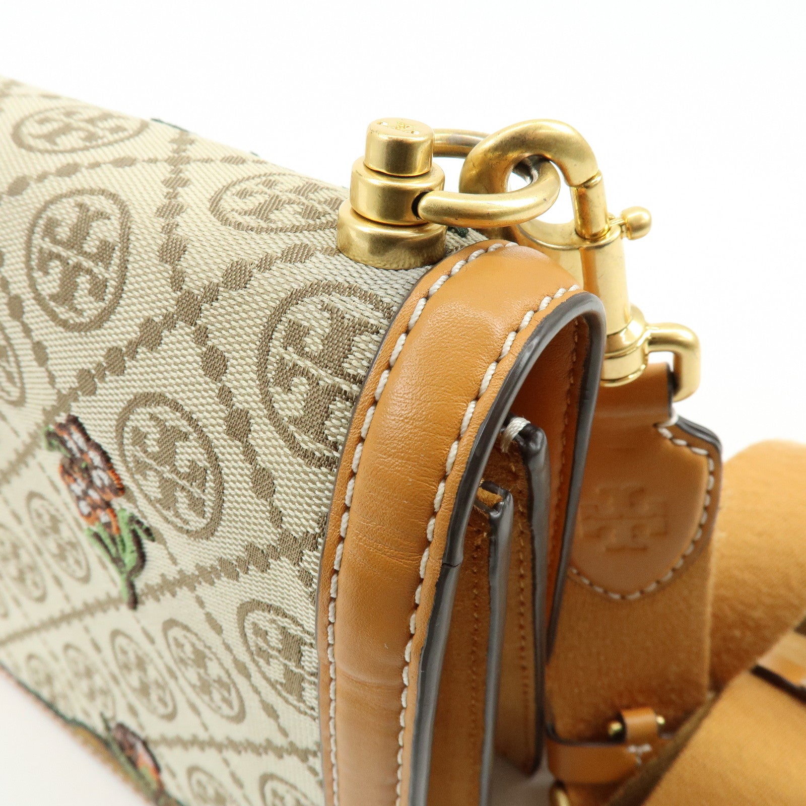 TORY BURCH T Monogram Jacquard Leather Shoulder Bag Leopard Beige