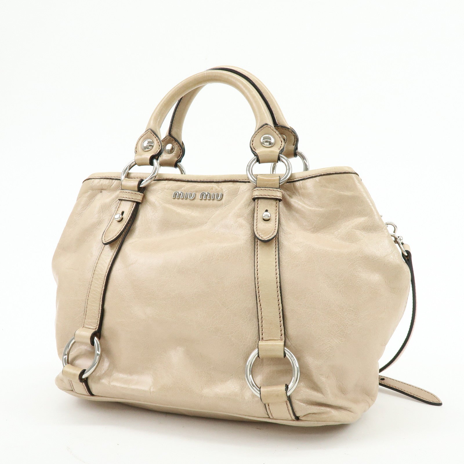 MIU MIU Leather 2Way Bag Hand Bag Shoulder Bag Beige RN0685