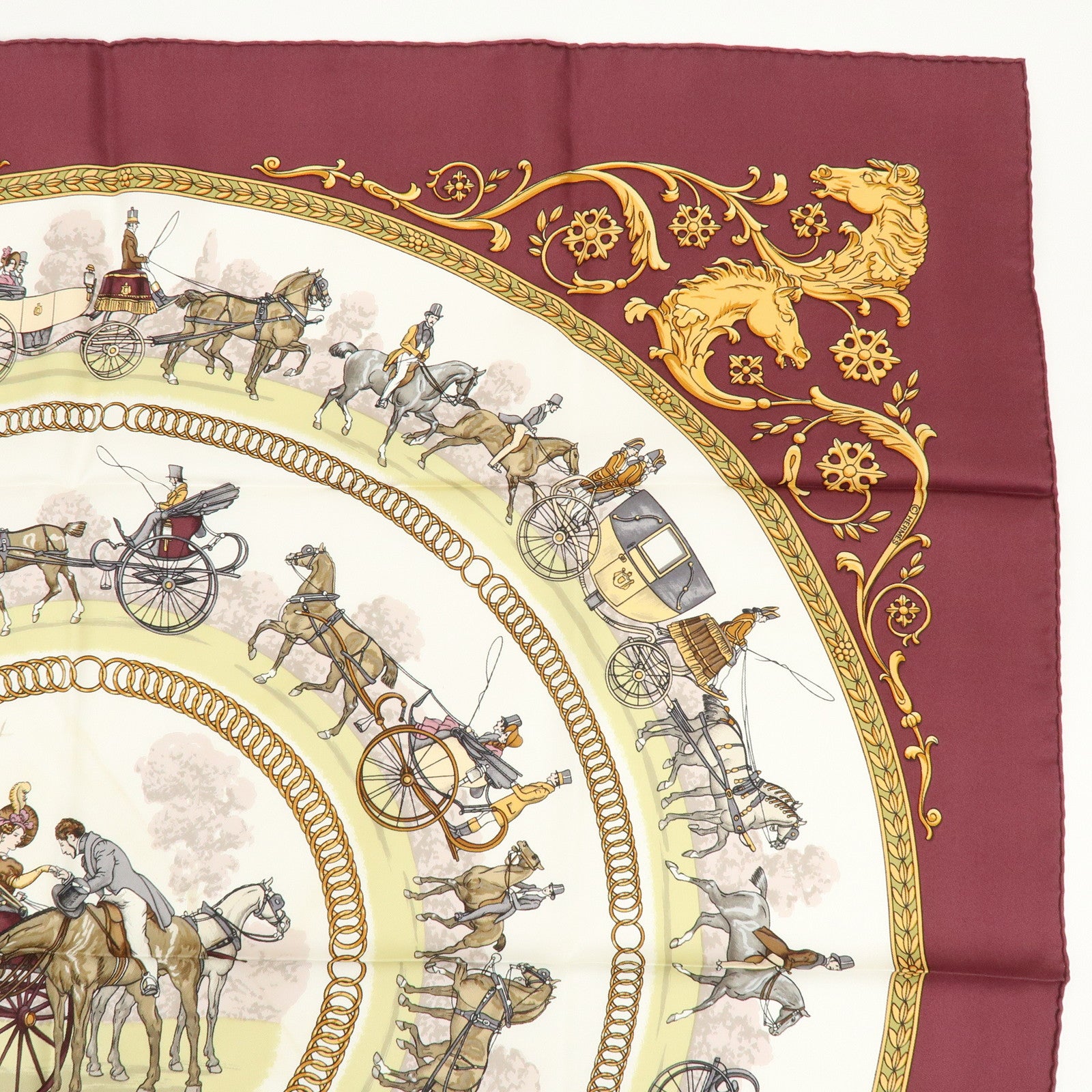 HERMES Carre 90 Silk 100% LA PROMENADE DE LONGCHAMPS Scarf Wine Red
