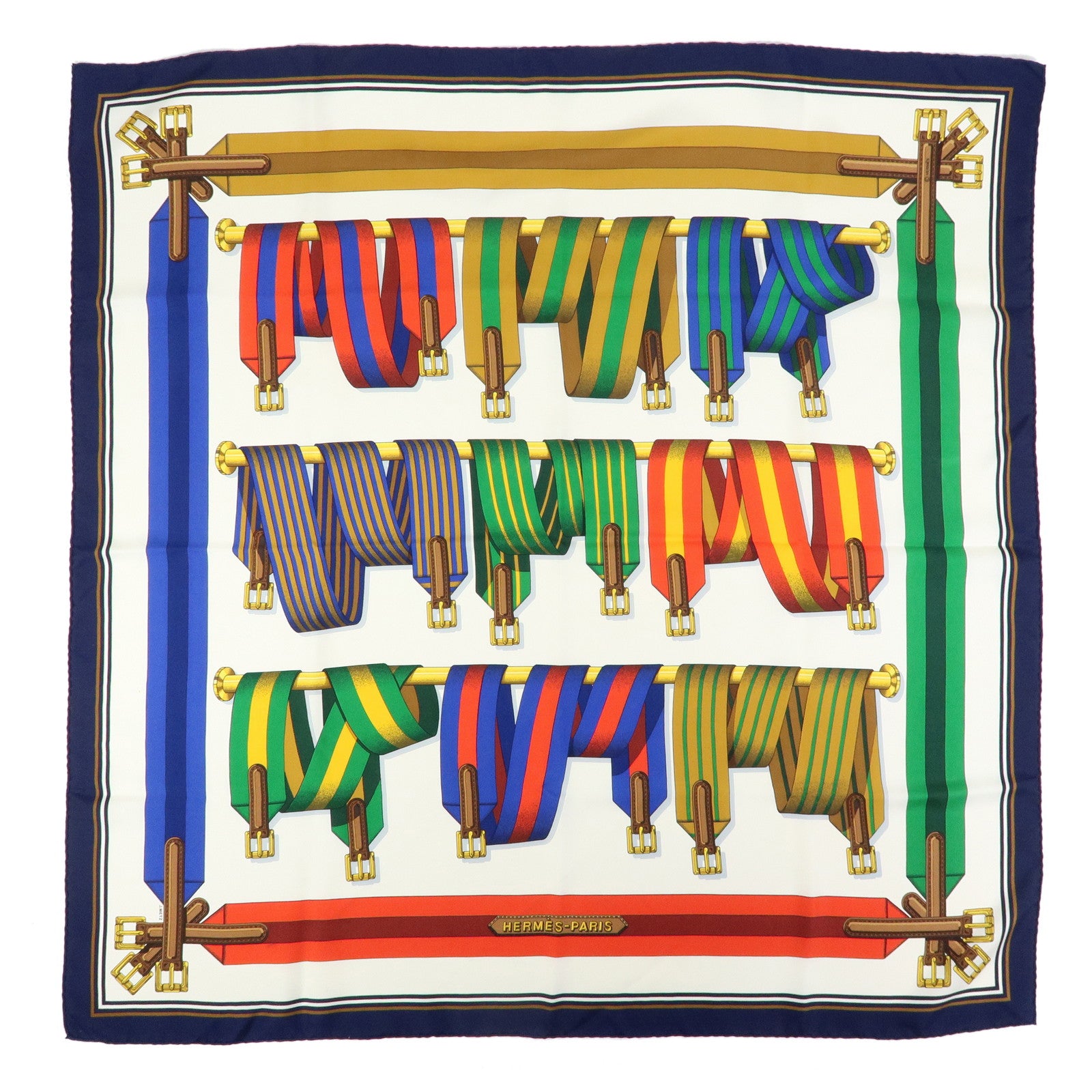 HERMES Carre 90 Silk 100% J.METZ Les Sangles Scarf Blue Green Red