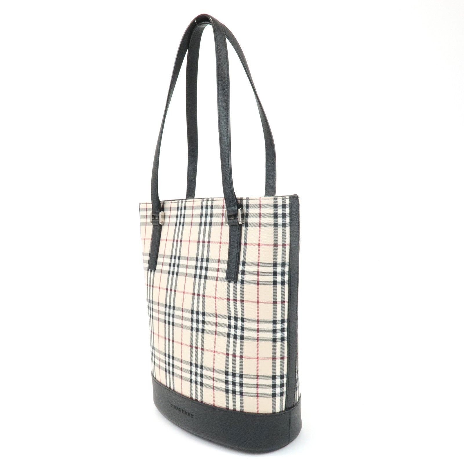BURBERRY Nova Plaid Canvas Leather Tote Bag Shoulder Bag Black Used