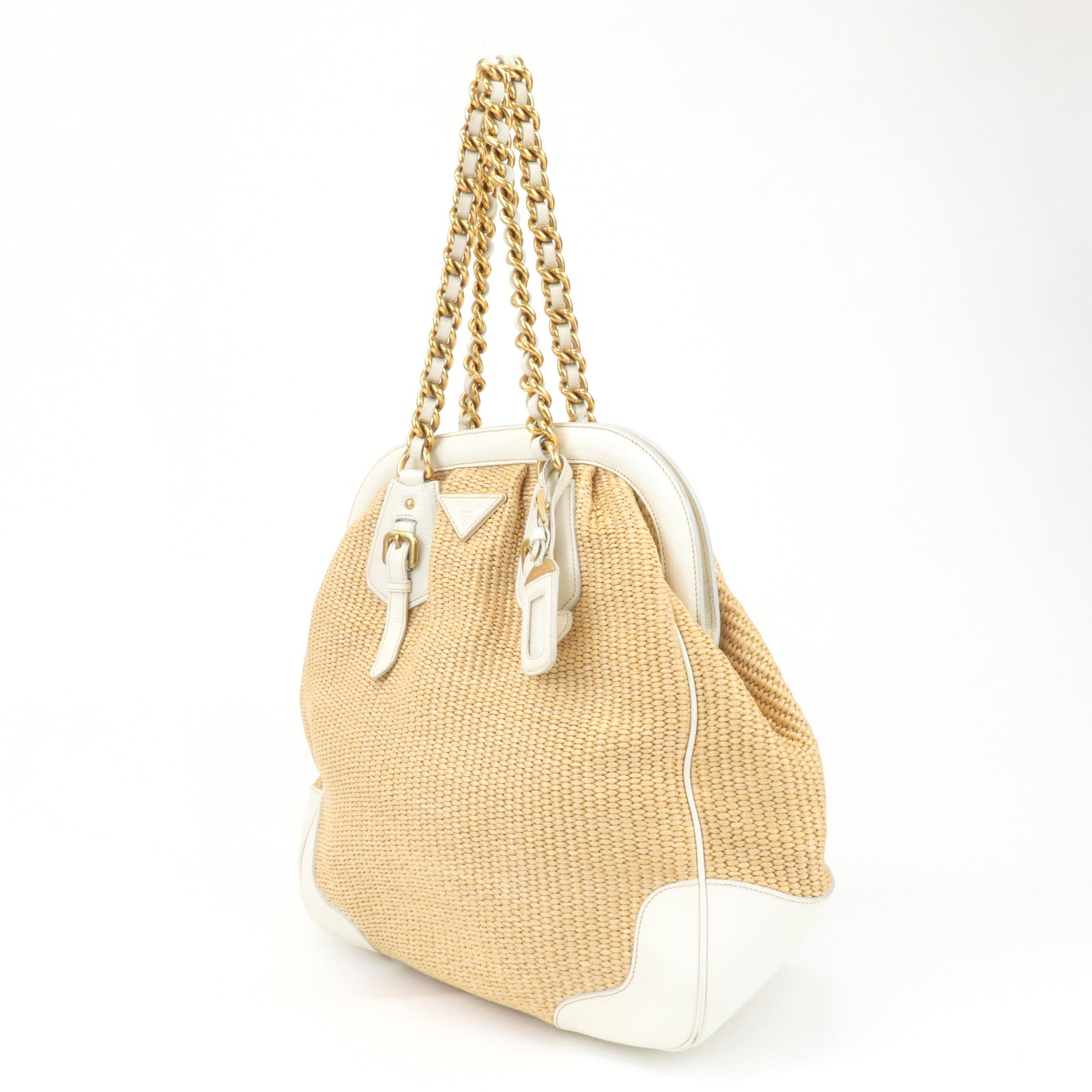 PRADA Triangle Leather Raffia Shoulder Bag Straw Bag Beige BR3693 Used