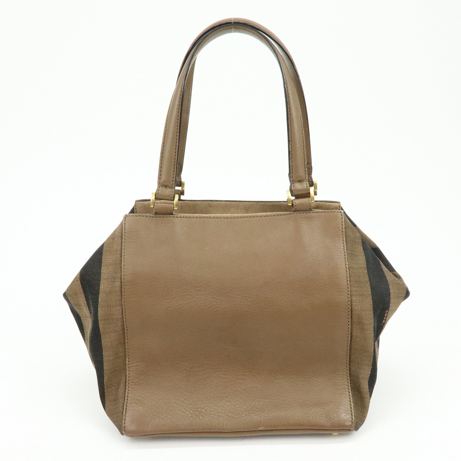 FENDI Pequin Leather Canvas Suede Tote Bag Hand Bag Brown 8BN251