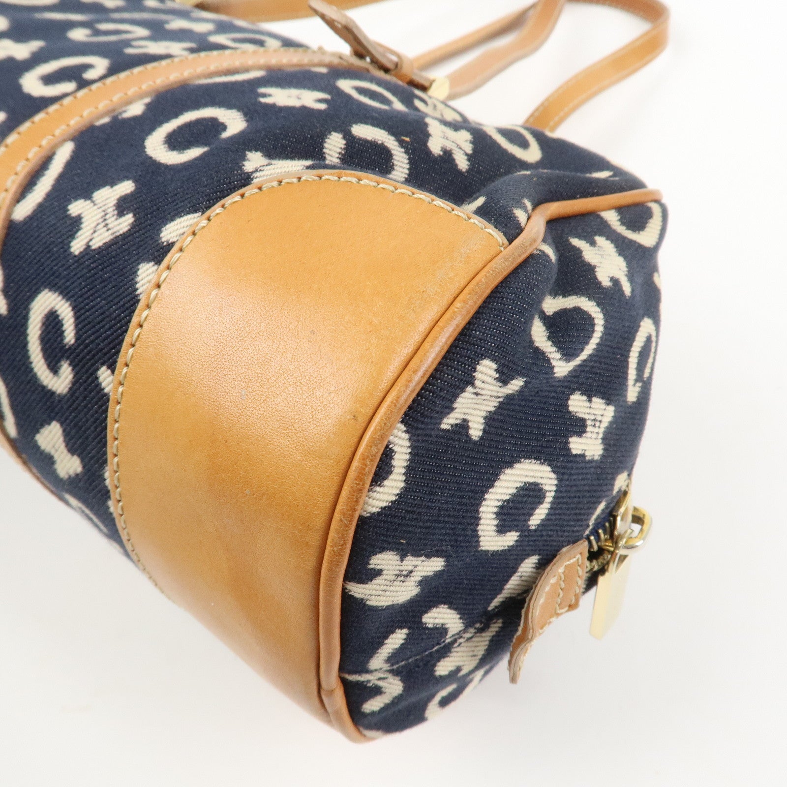 CELINE C Macadam Canvas Leather Shoulder Bag Hand Bag Navy