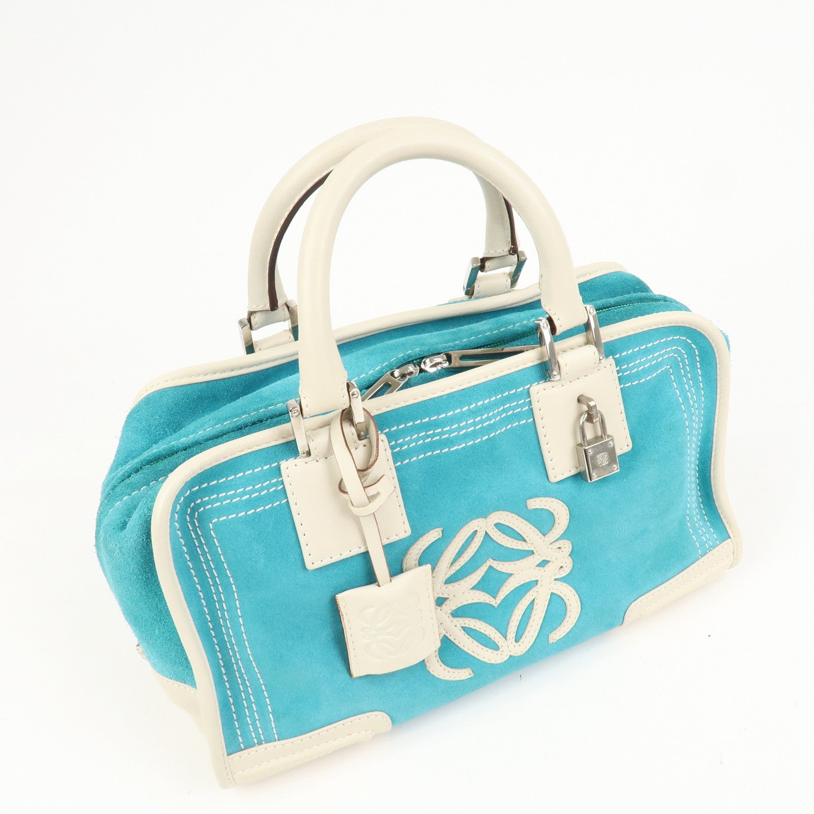 LOEWE Anagram Suede Leather Amazona 28 Hand Bag Blue White