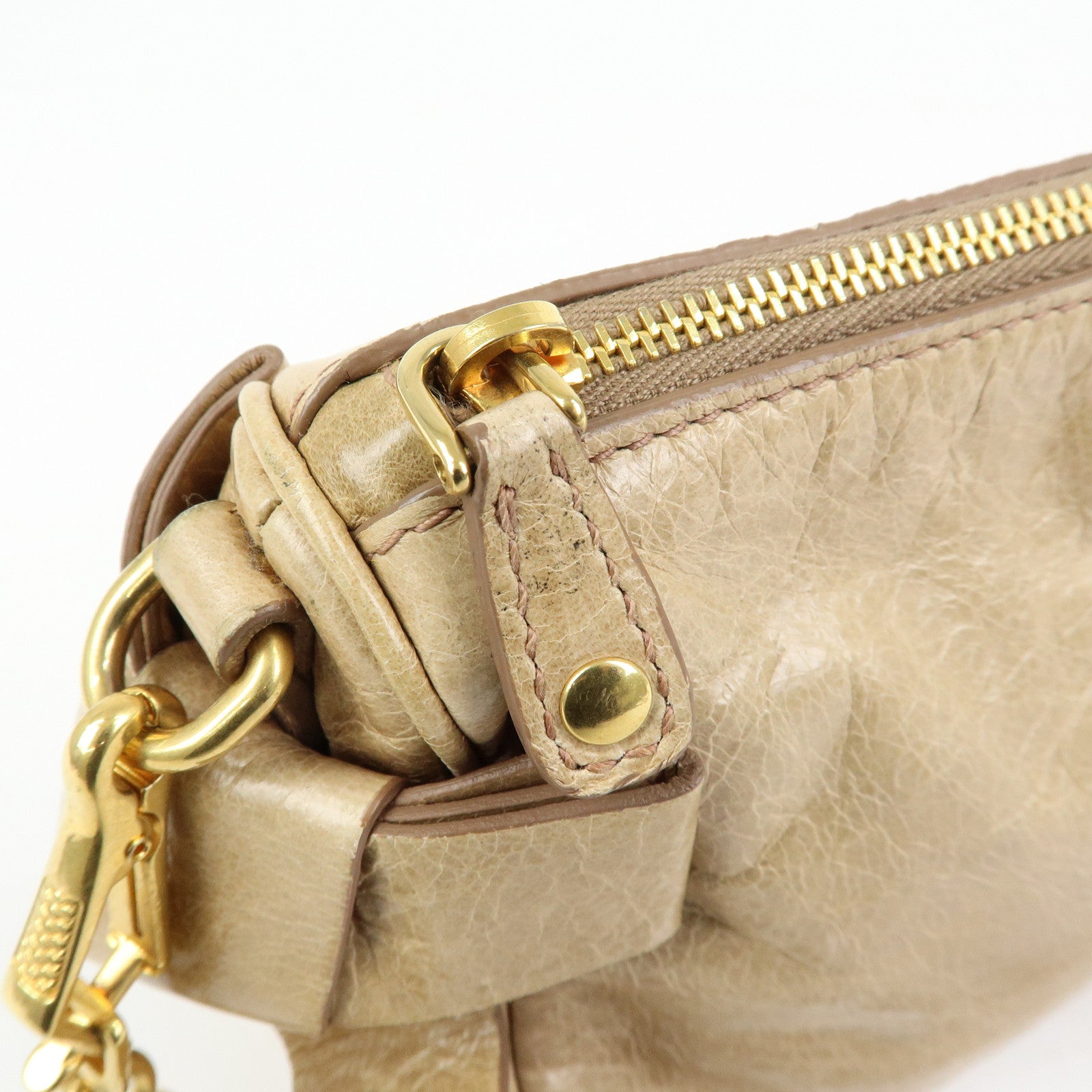 MIU MIU Leather Double Sided Ribbons Hand Bag Shoulder Bag Beige