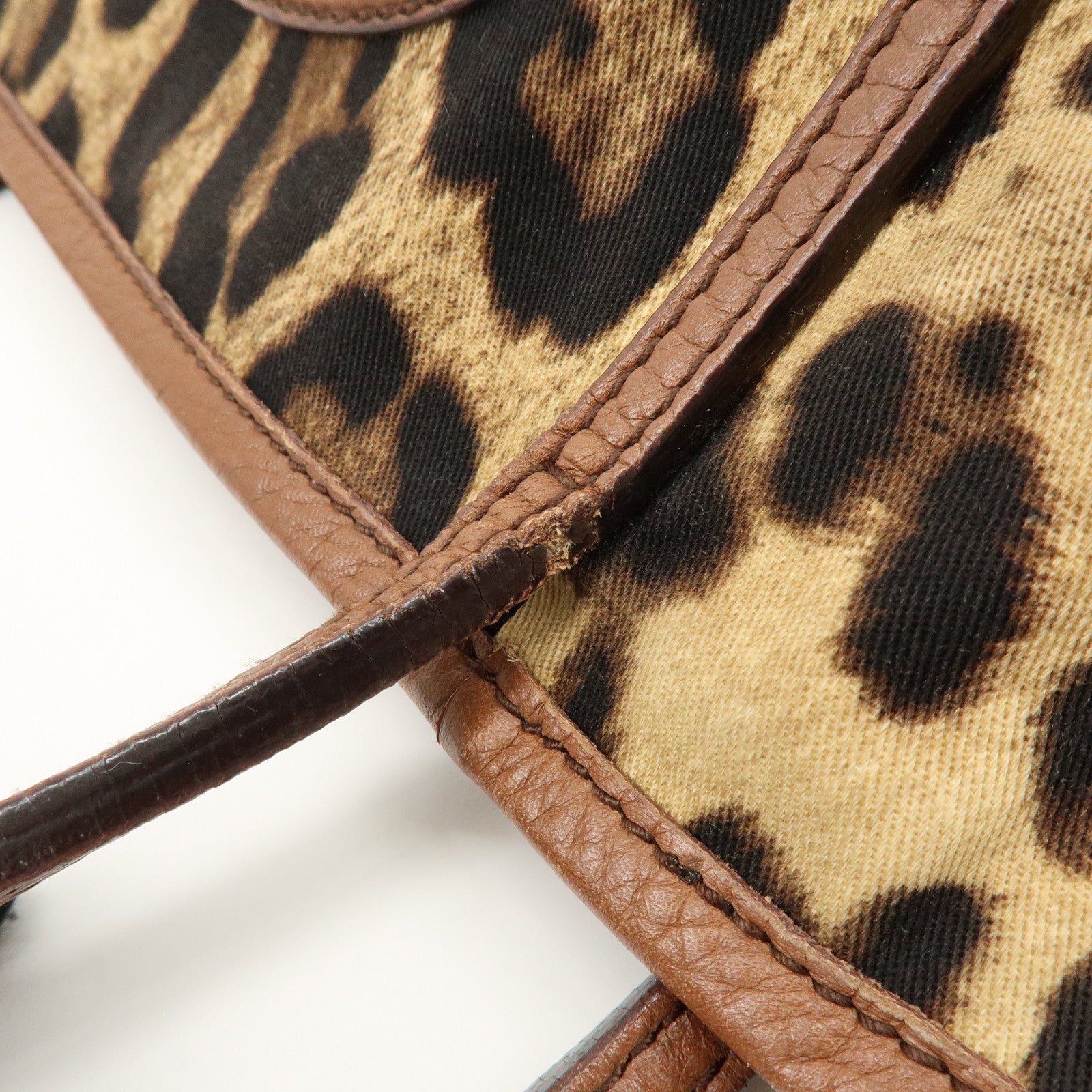 Dolce&Gabbana Canvas Leather Leopard Tote Bag Shoulder Bag Brown