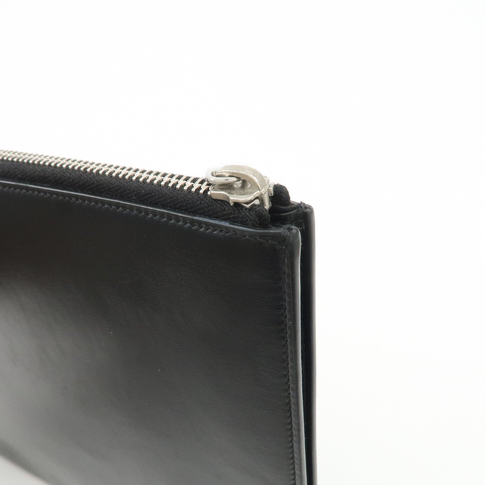 SAINT LAURENT Logo Leather Clutch Bag Black Silver HDW 607779
