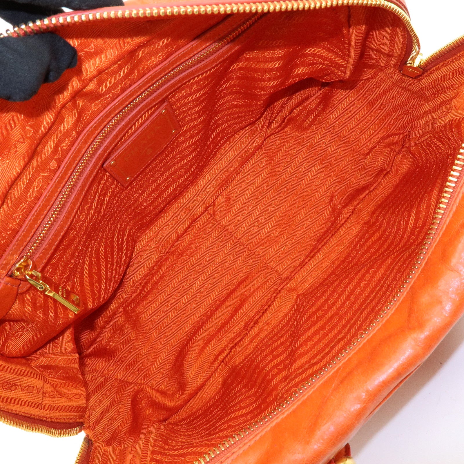 PRADA Logo Leather Boston Bag Hand Bag Shoulder Bag Orange BL0821