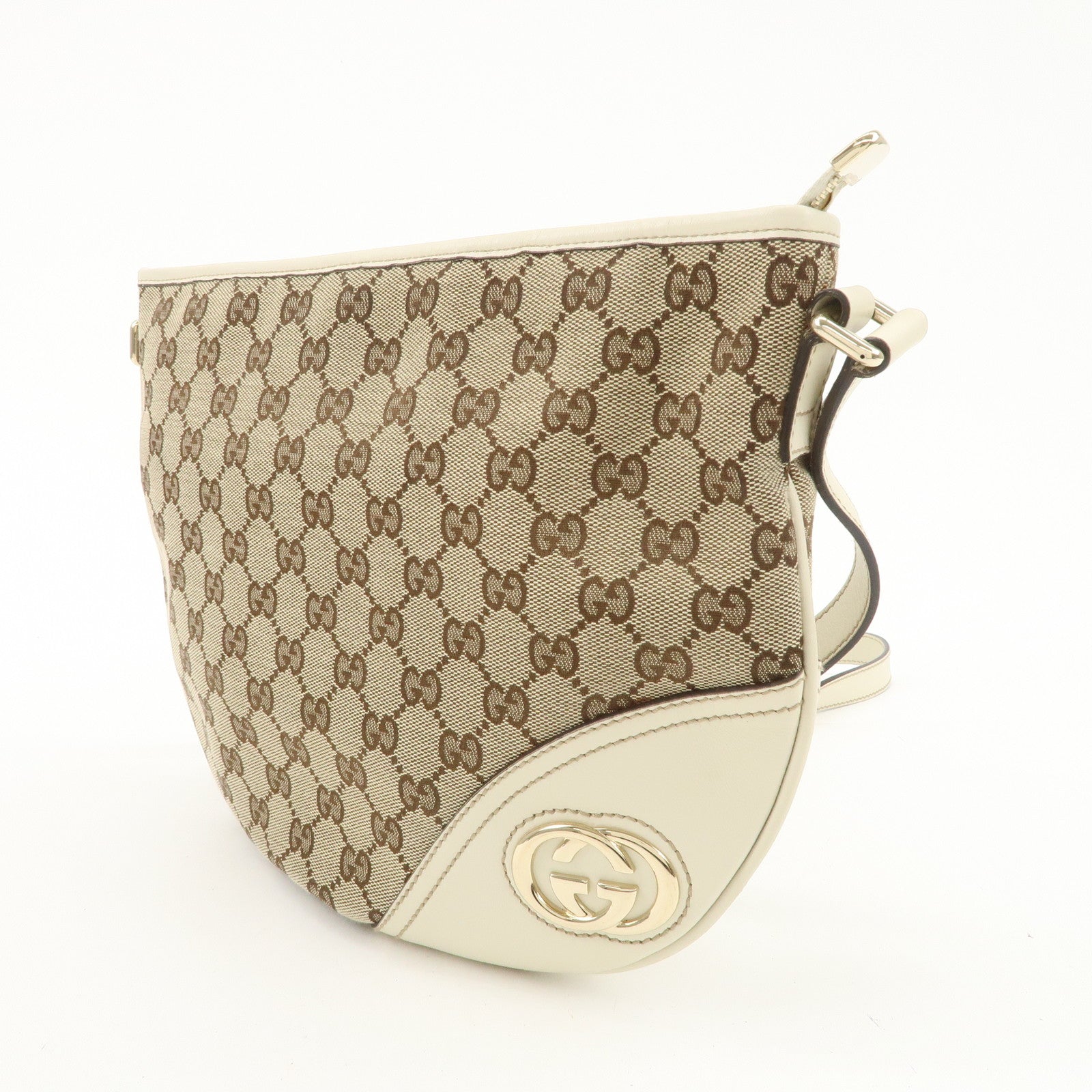 GUCCI Interlocking G GG Canvas Leather Shoulder Bag Beige 16998 Used