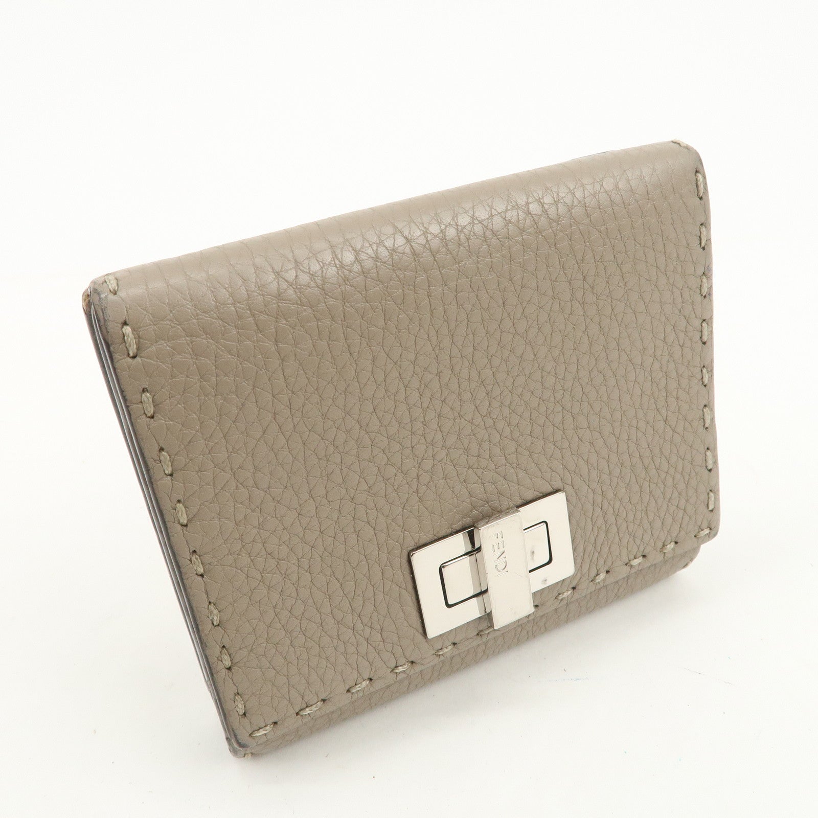 FENDI Logo Leather Compact Wallet Greige