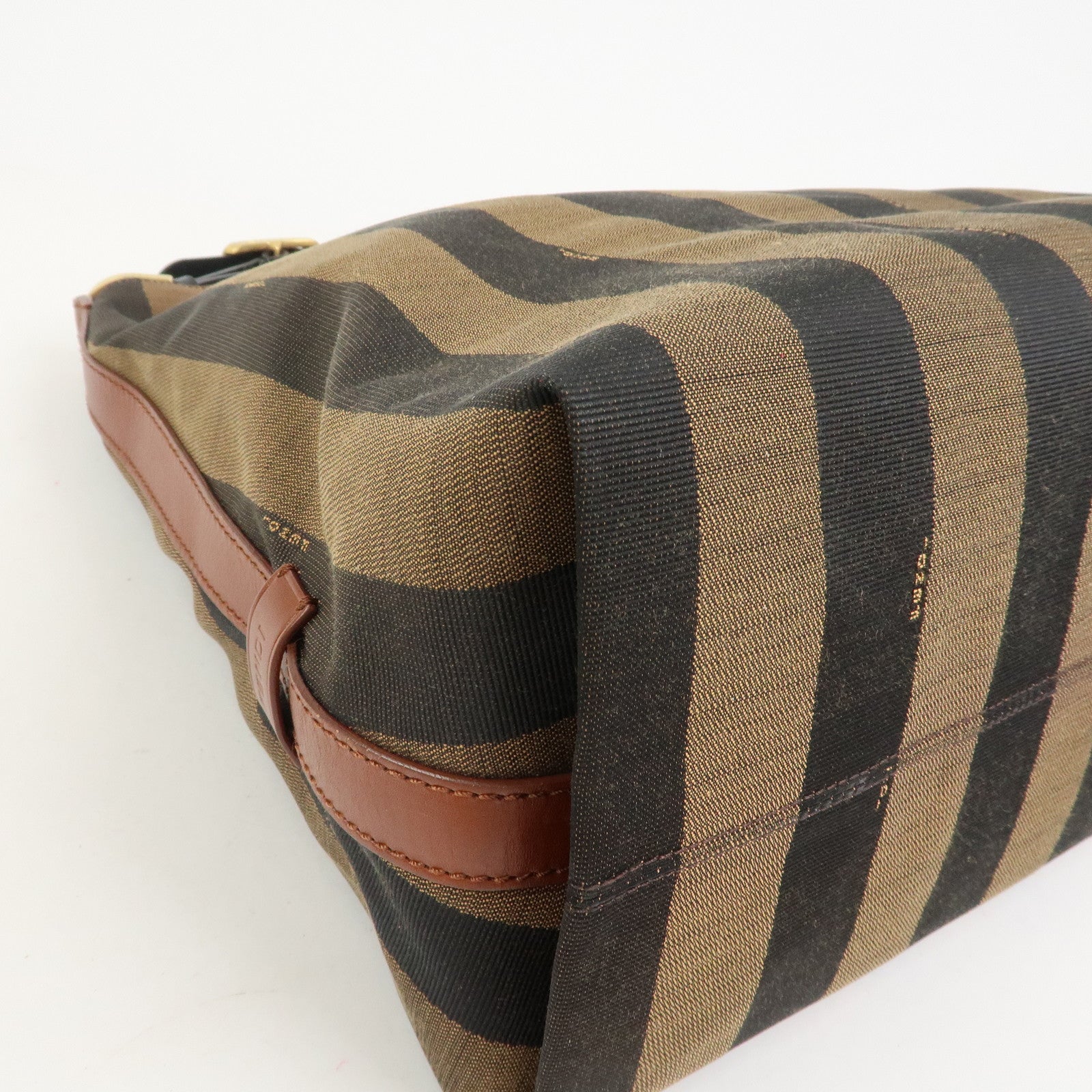 FENDI Pequin Canvas Leather Shoulder Bag Hand Bag Brown 8BR653