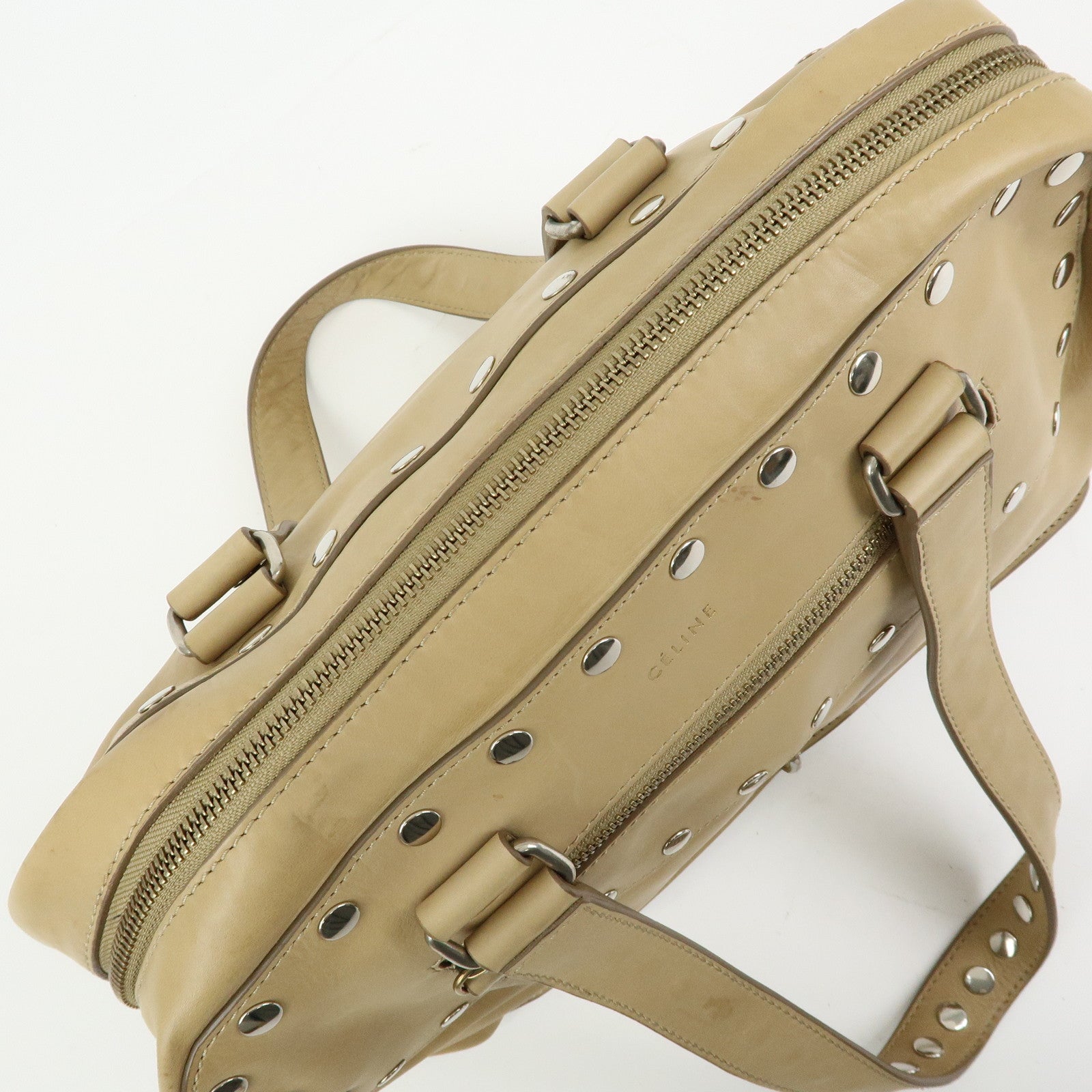 CELINE Leather Hand Bag Bowling Bag Beige Studs