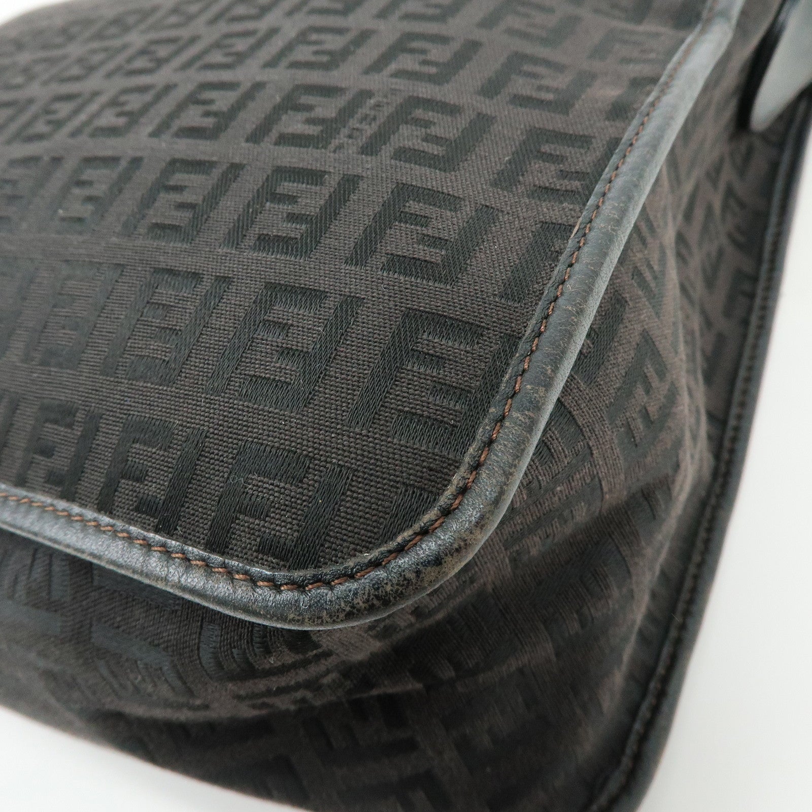 FENDI Zucchino Canvas Leather Shoulder Bag Dark Brown 8BT090