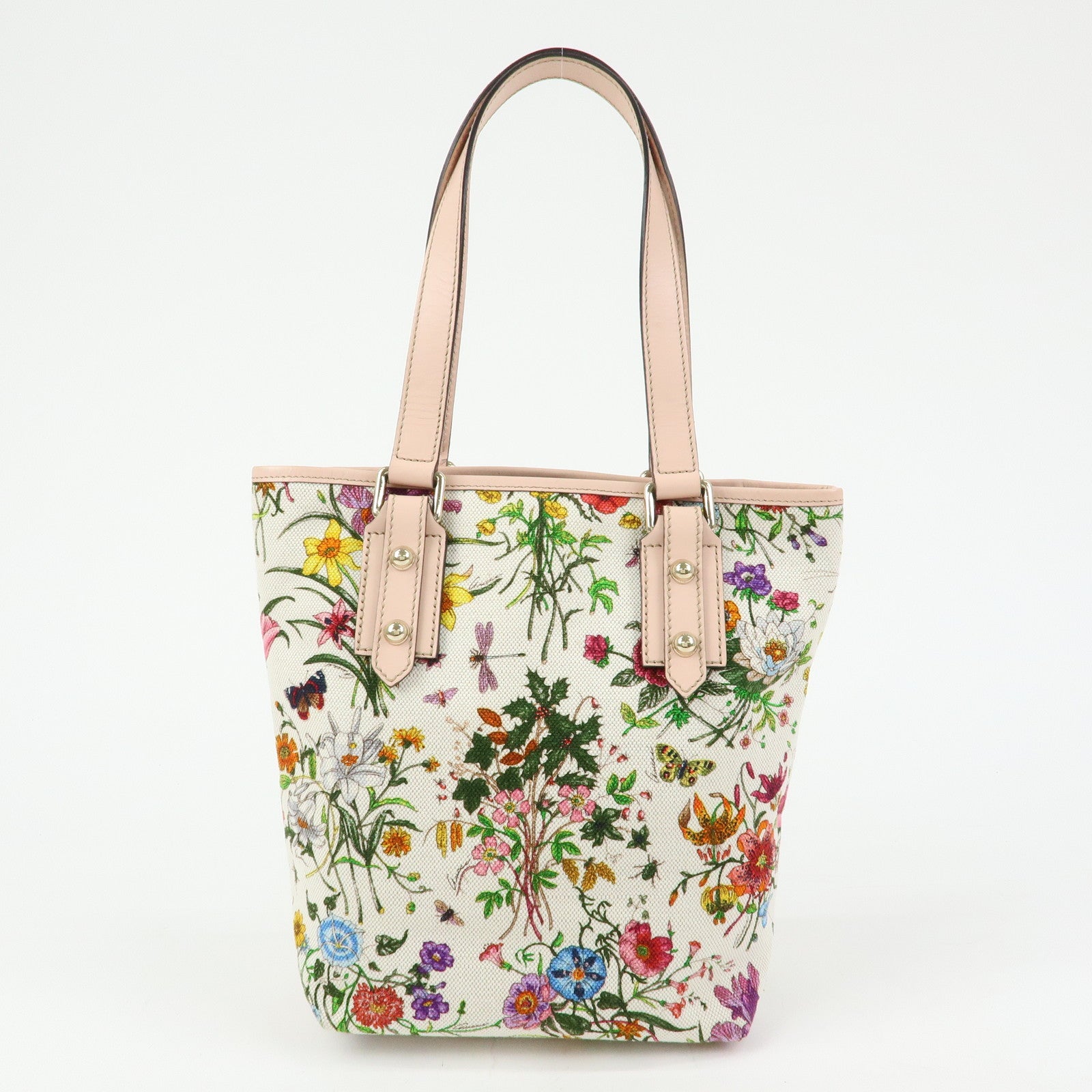GUCCI Flora Flower Motif Canvas Leather Tote Bag White Pink 240018