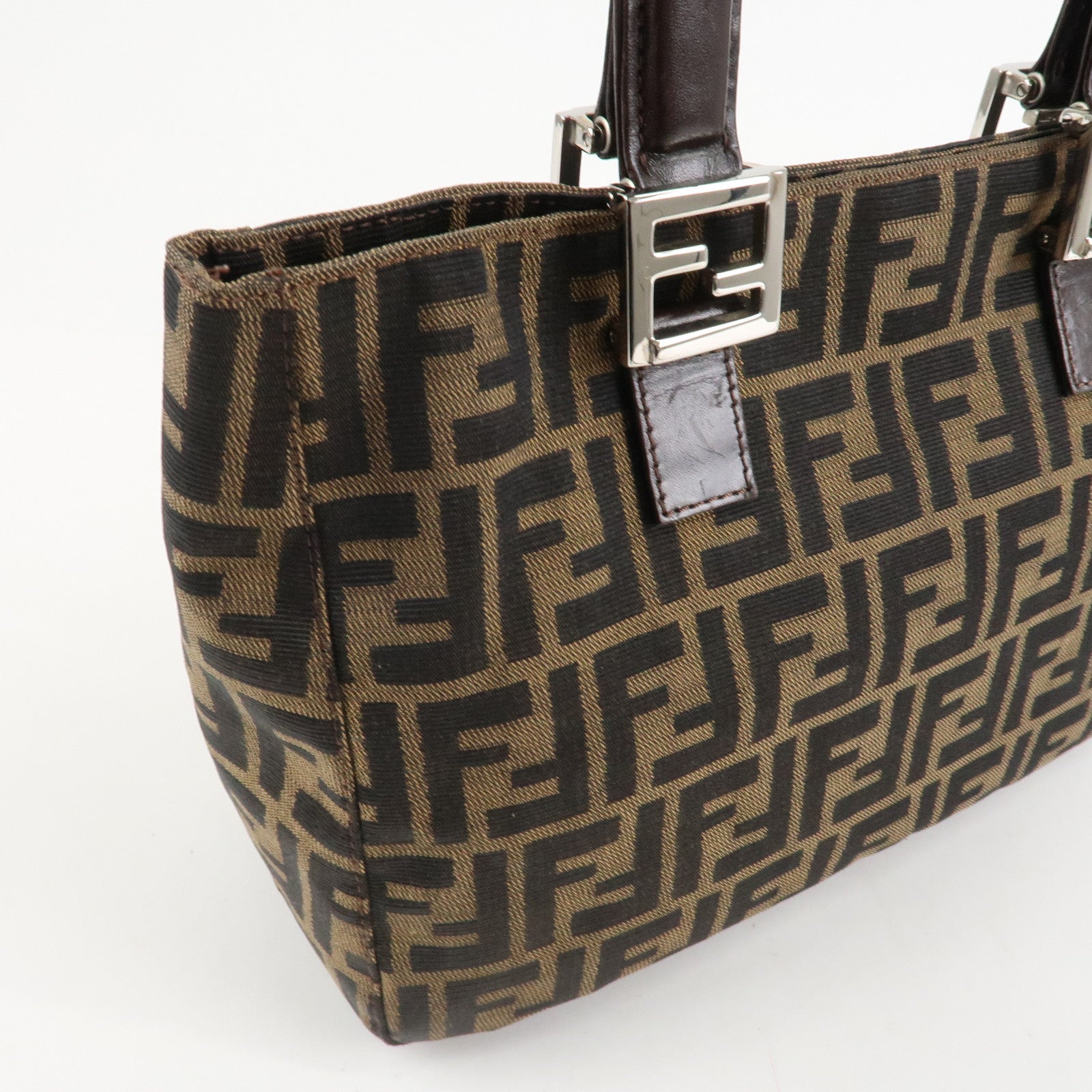 FENDI Zucca Canvas Leather Tote Bag Hand Bag Black Brown 26693 Used