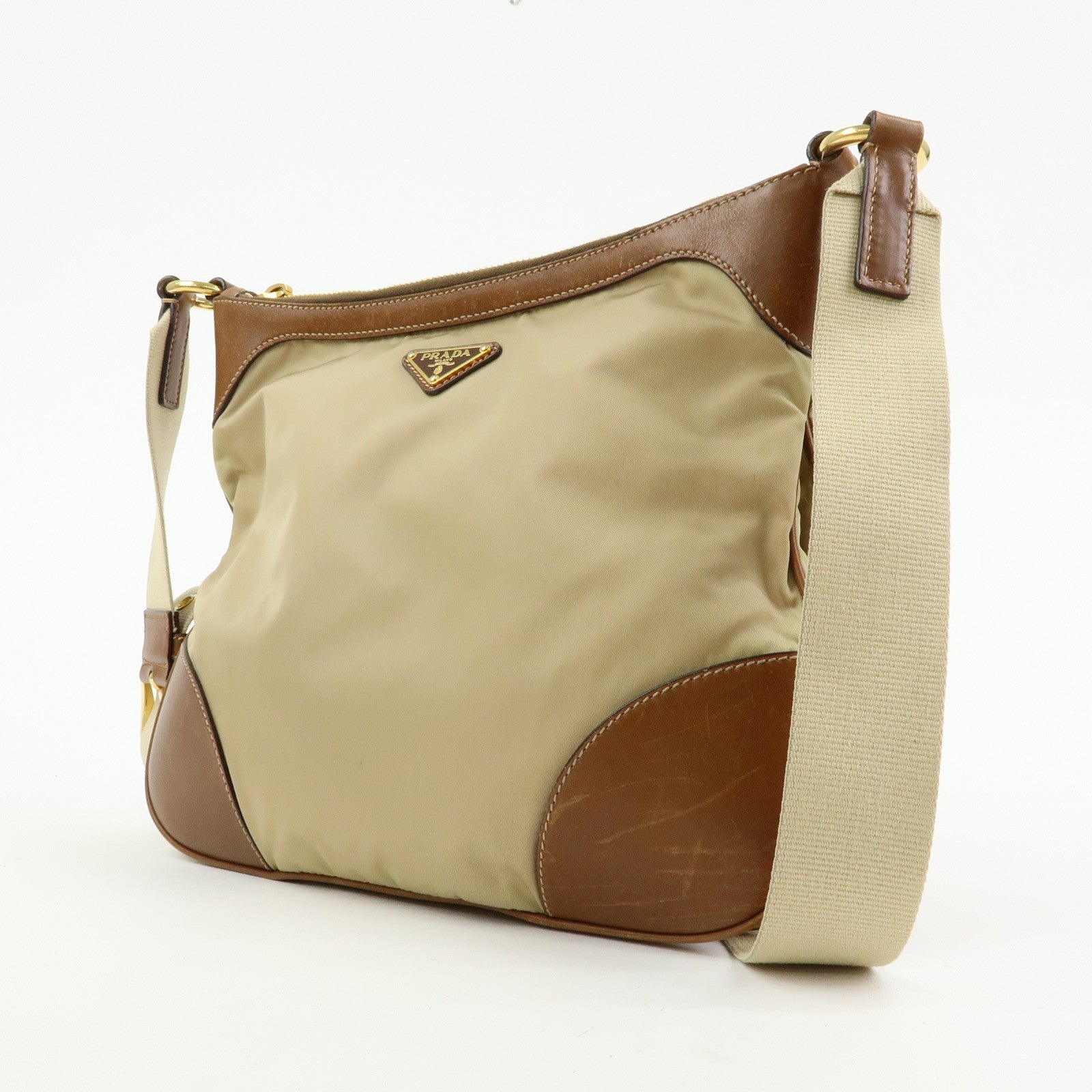 PRADA Triangle Logo Nylon Leather Shoulder Bag Crossbody Bag Beige