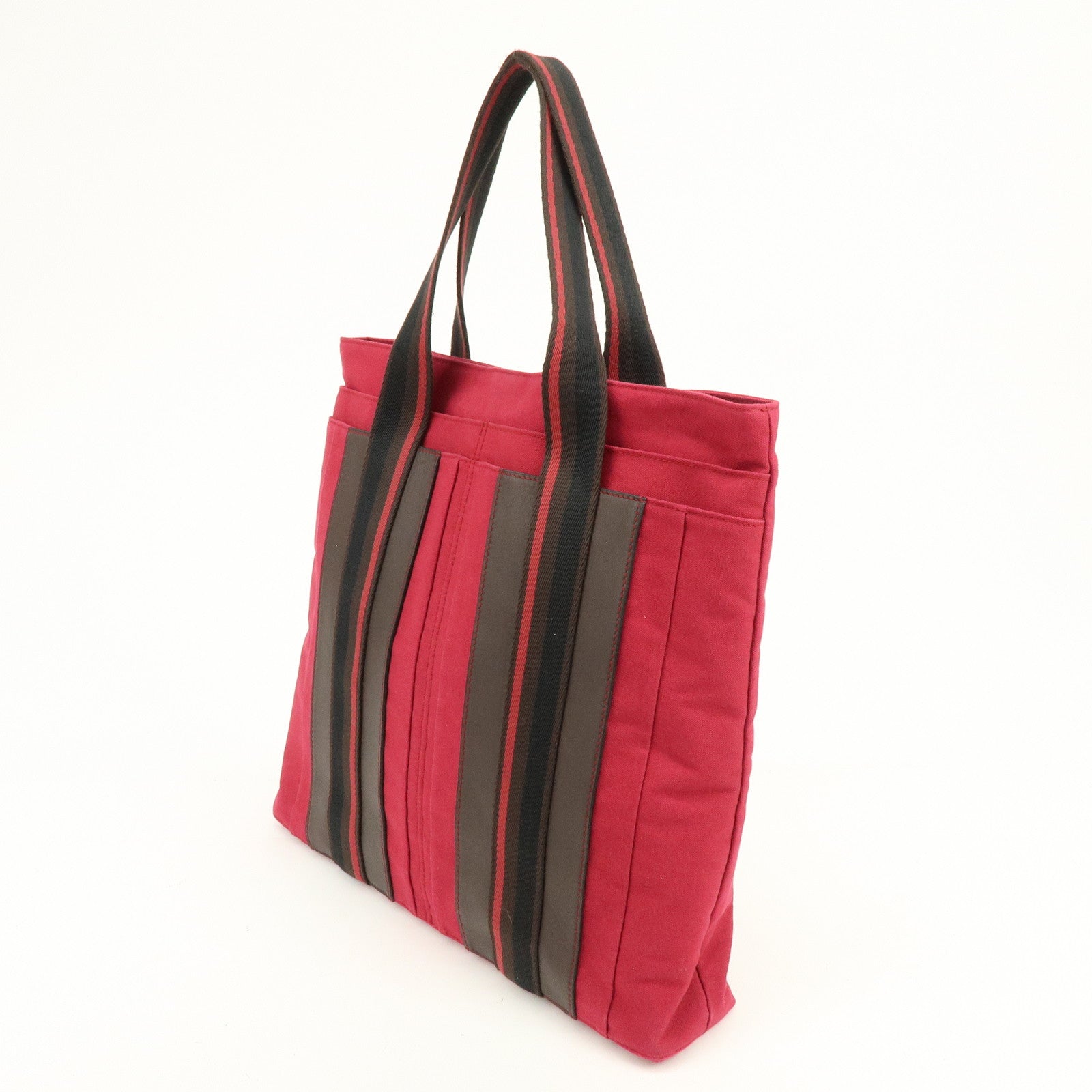HERMES Trocadéro Vertical MM Canvas Calf Leather Tote Bag Red Brown