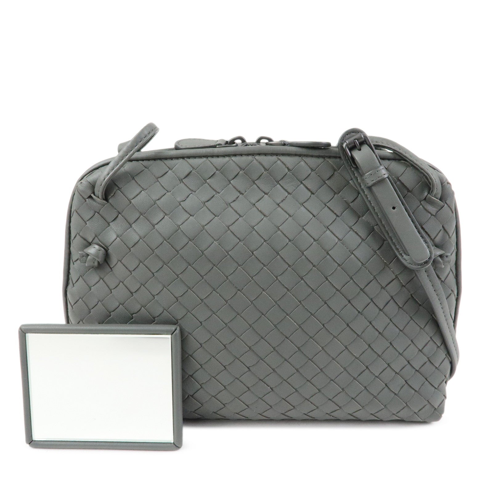 BOTTEGA VENETA Nodini Intrecciato Leather Shoulder Bag Gray 245354