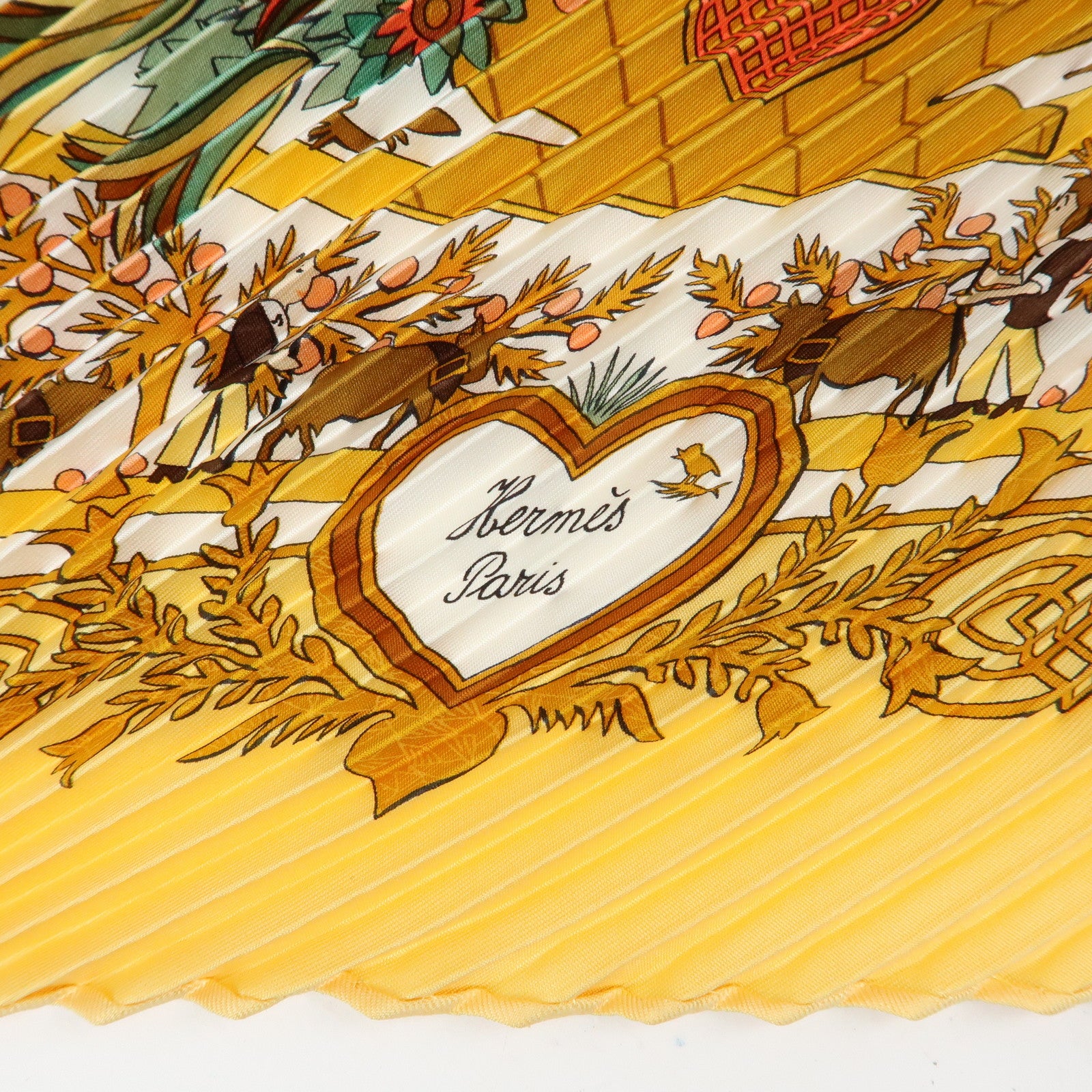 HERMES Pleated Carre 90 Silk 100% Scarf DECOUPAGES Yellow Orange