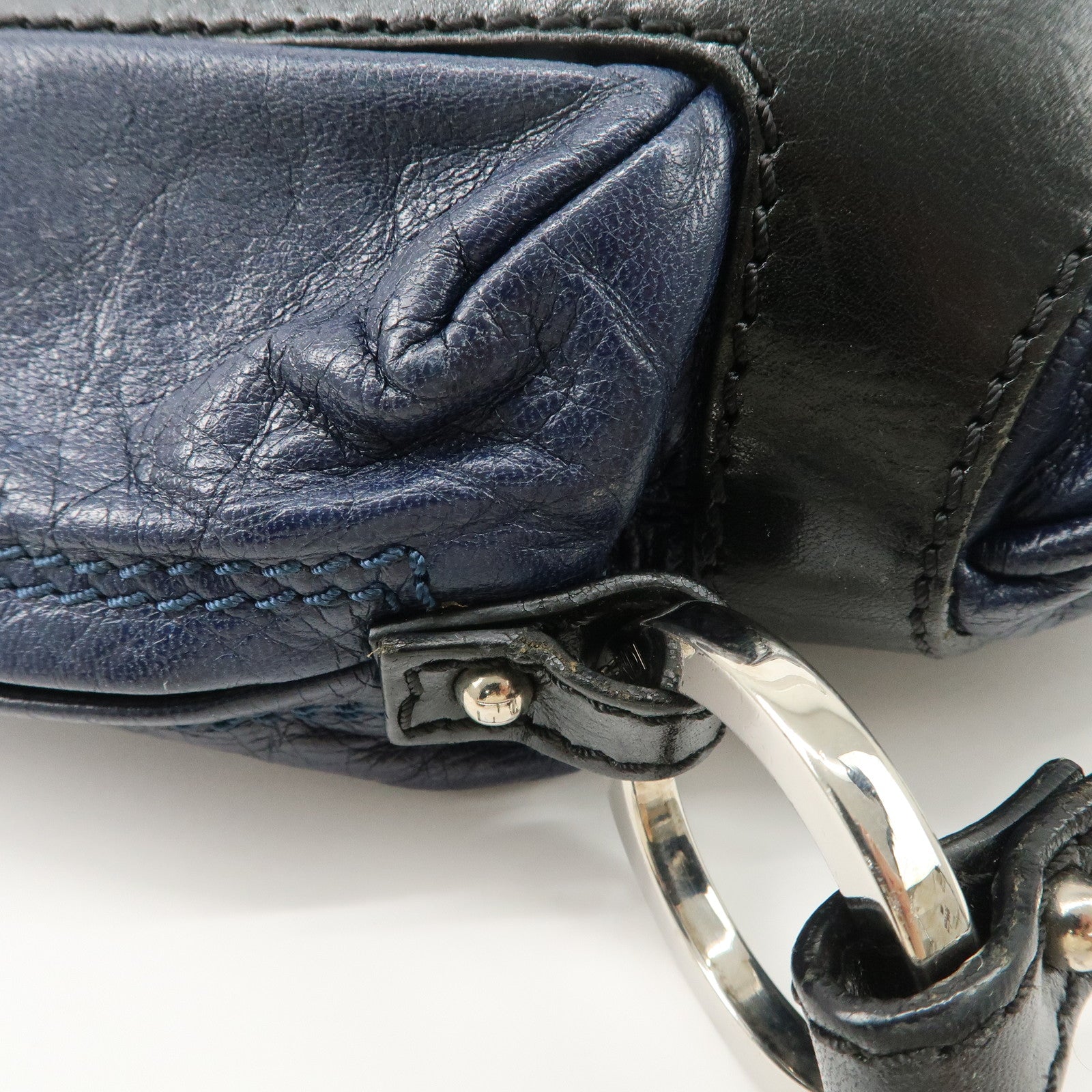 FENDI Leather Shoulder Bag Navy Black Silver HDW 8BR293 Used