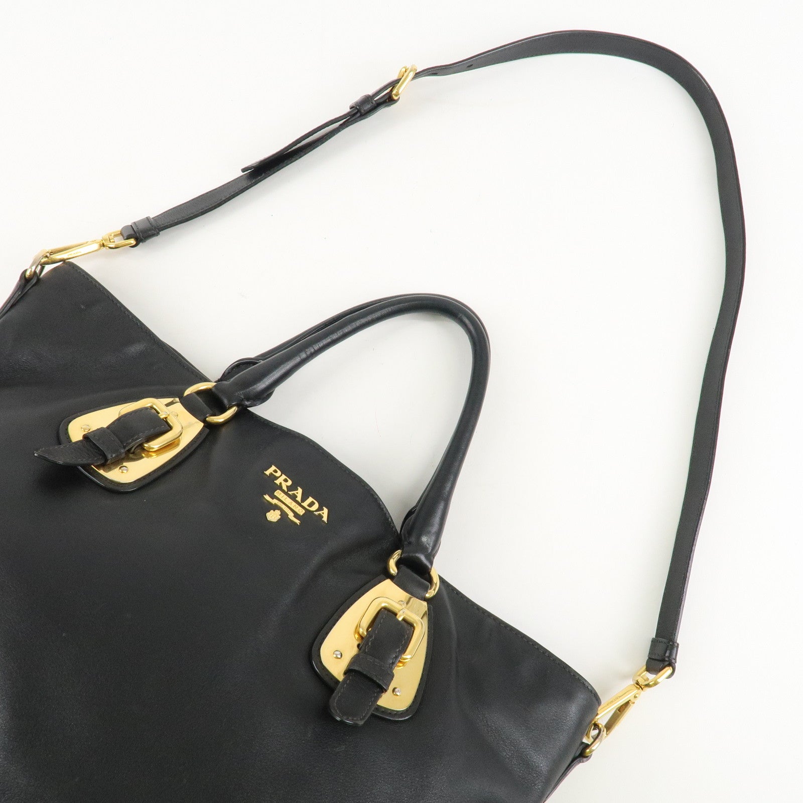 PRADA Logo Calf Leather 2Way Tote Bag Hand Bag Black Gold HDW BN1902 Used