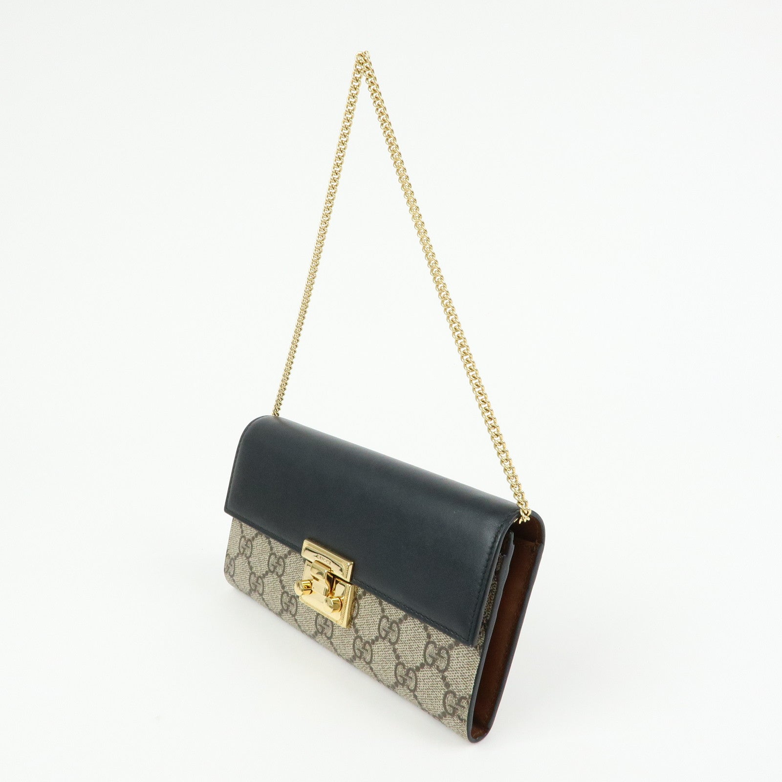 GUCCI GG Supreme Leather Chain Long Wallet WOC Beige Black 453506