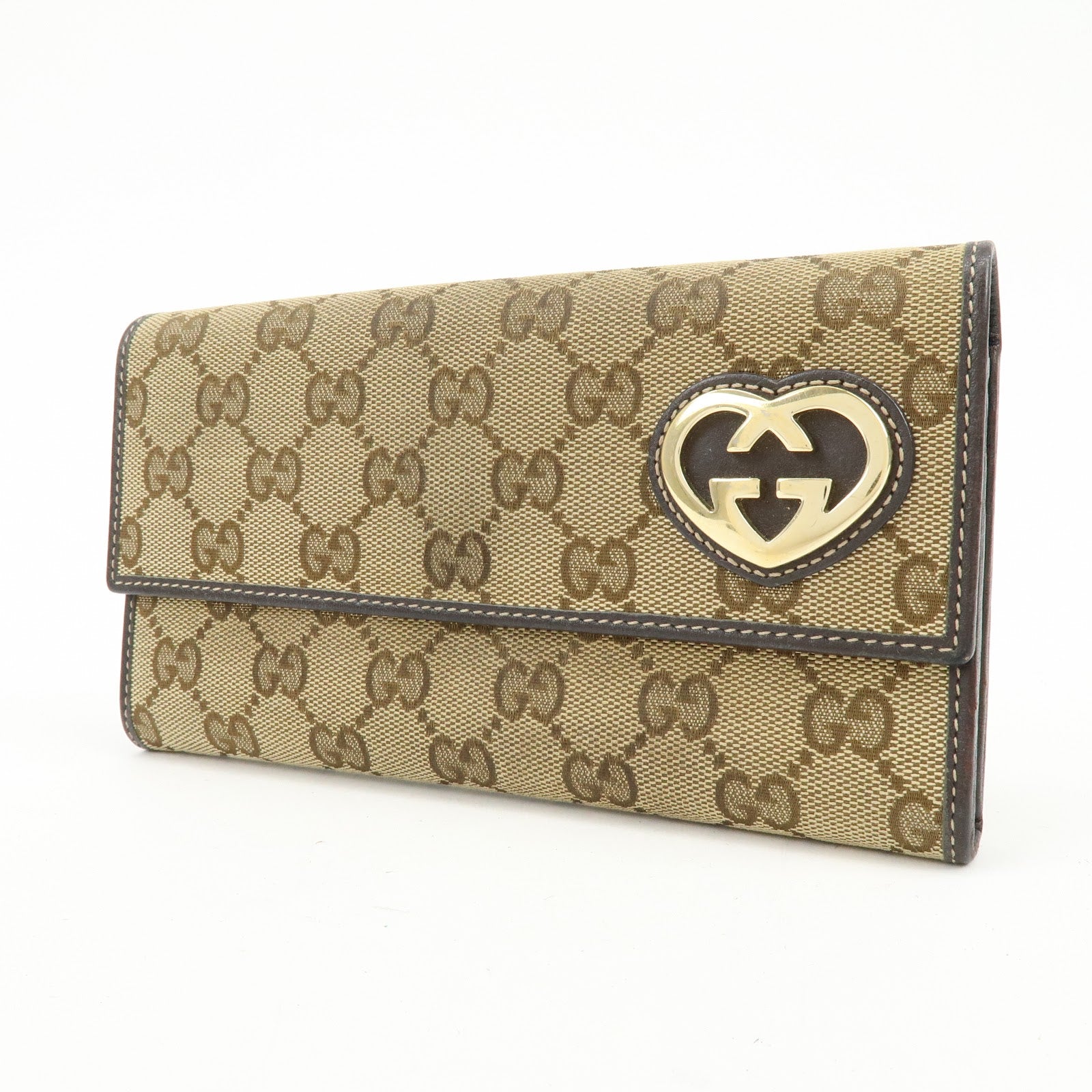 GUCCI Lovely Heart GG Canvas Leather Long Wallet Brown 251861