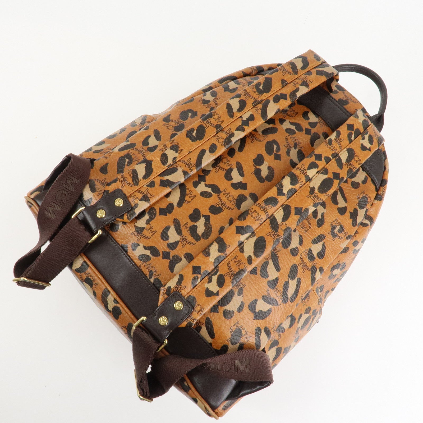 MCM Visetos Leather Leopard Back Pack Black Beige Brown Gold HDW Used