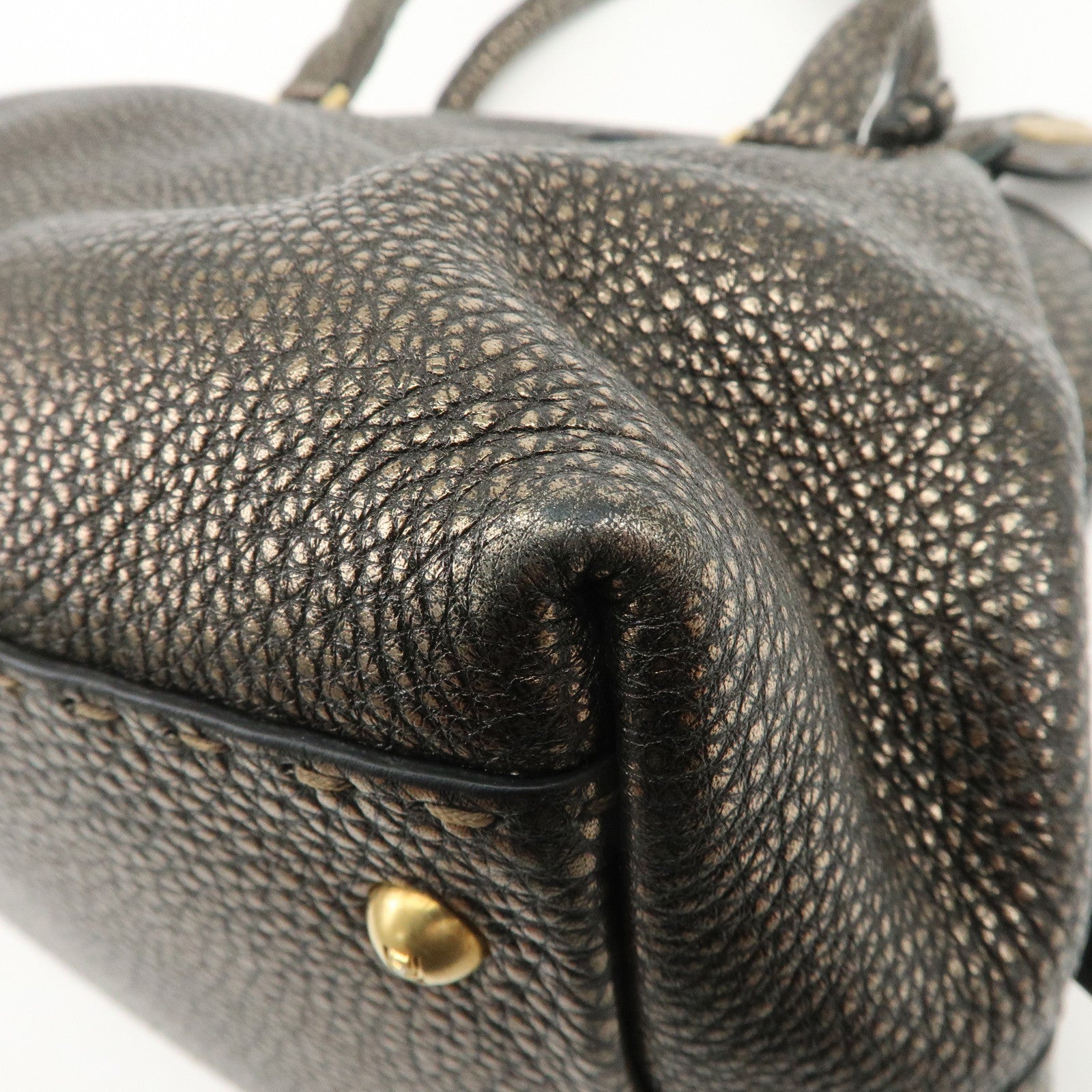 FENDI Selleria Leather Boston Bag Hand Bag Metallic Black 8BN127