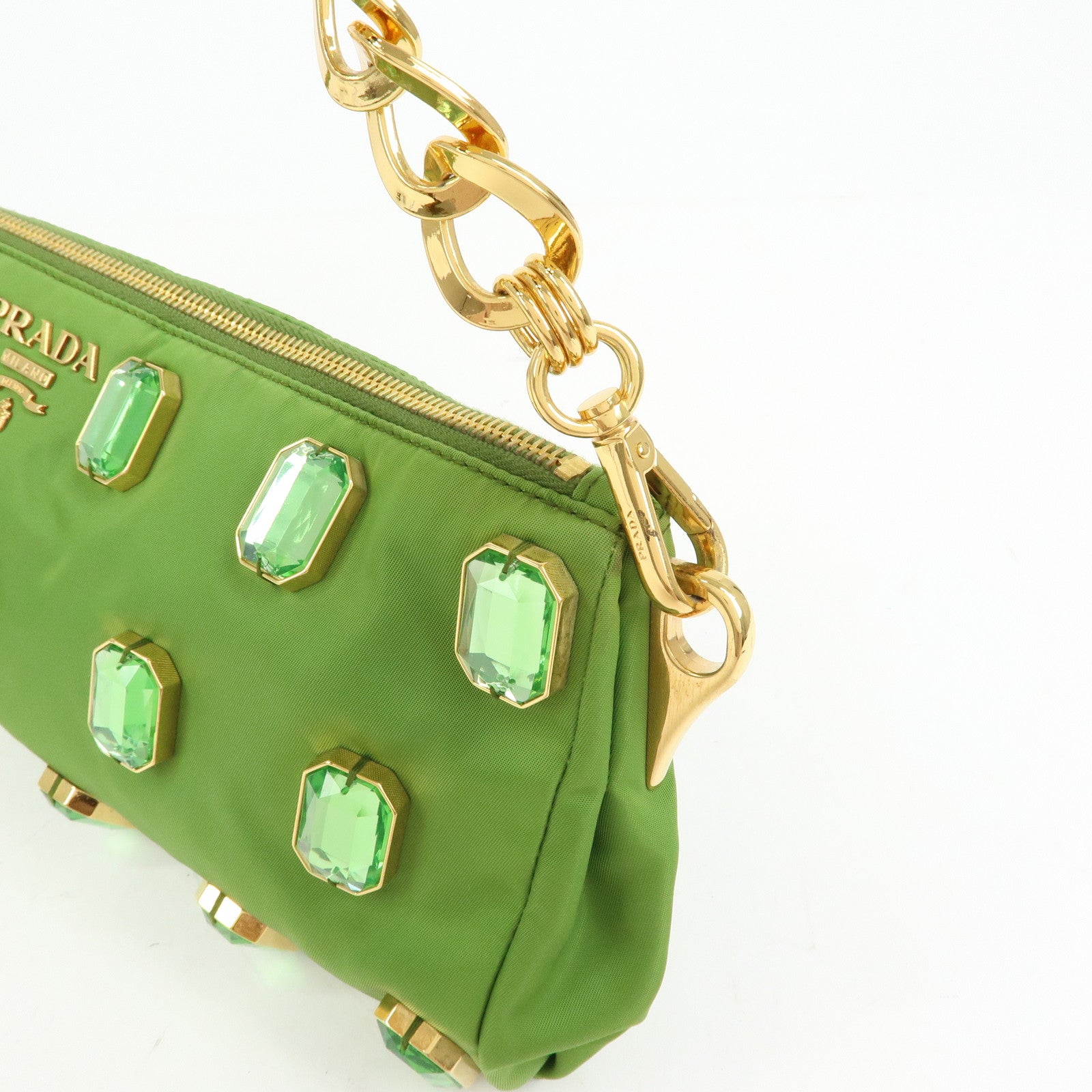 PRADA Bijou Nylon Stone Chain Shoulder Bag Clutch Bag Green