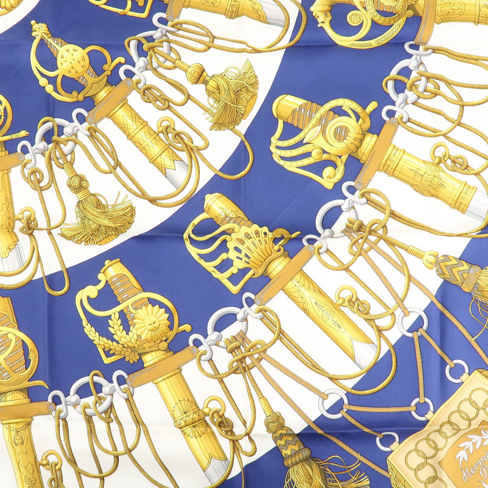 HERMES Carre 90 Silk 100% Scarf Cliquetis Gold Navy White Used