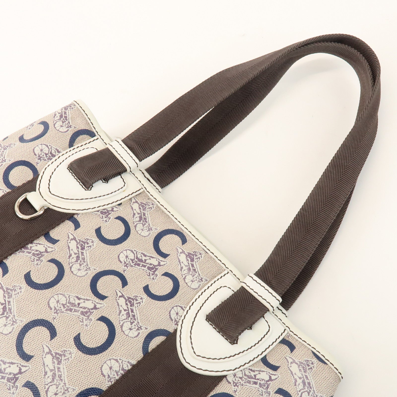 CELINE C Macadam PVC Nylon Leather Tote Bag Hand Bag Brown Beige