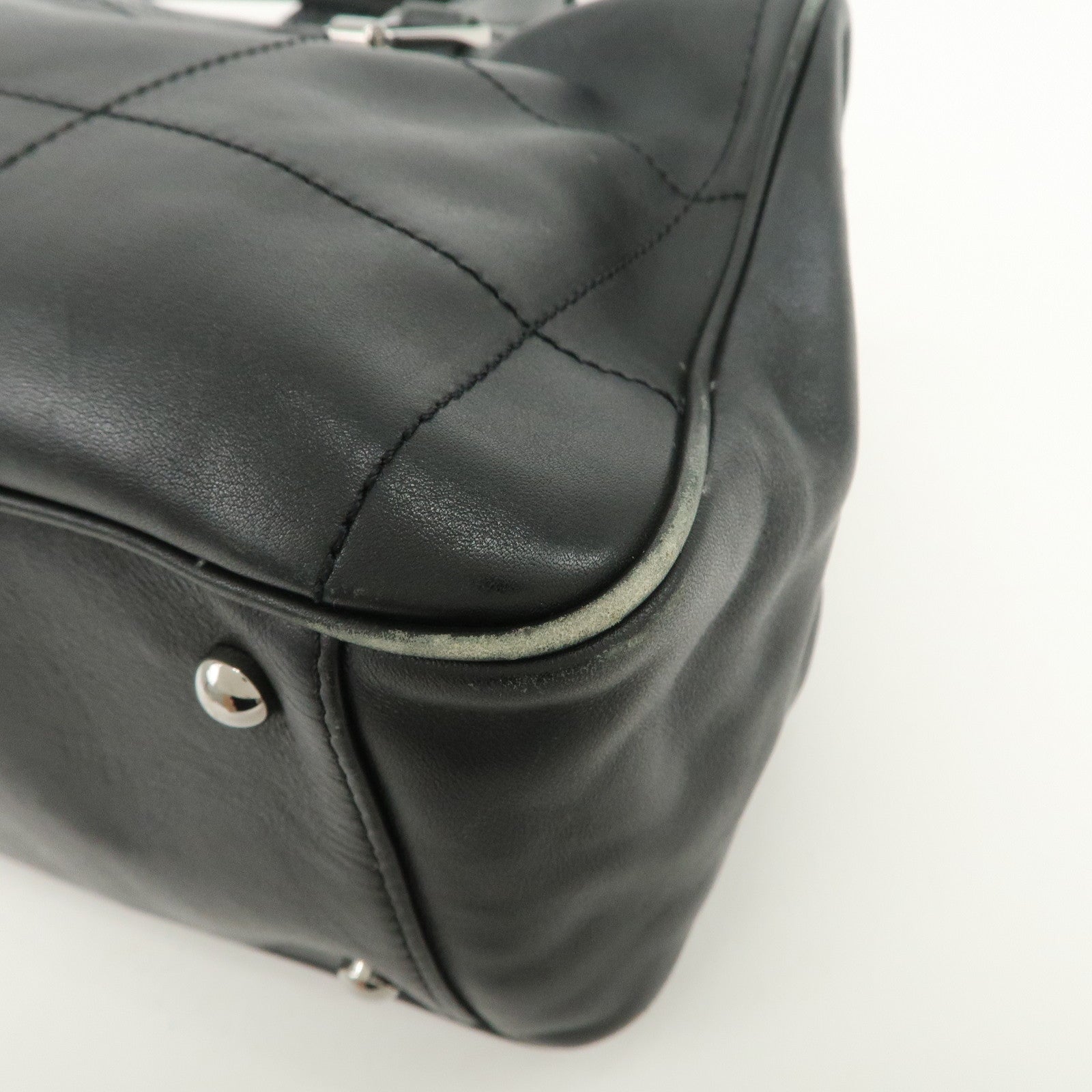 CHANEL Chocolate Bar Lamb Skin Mini Boston Bag Hand Bag Black