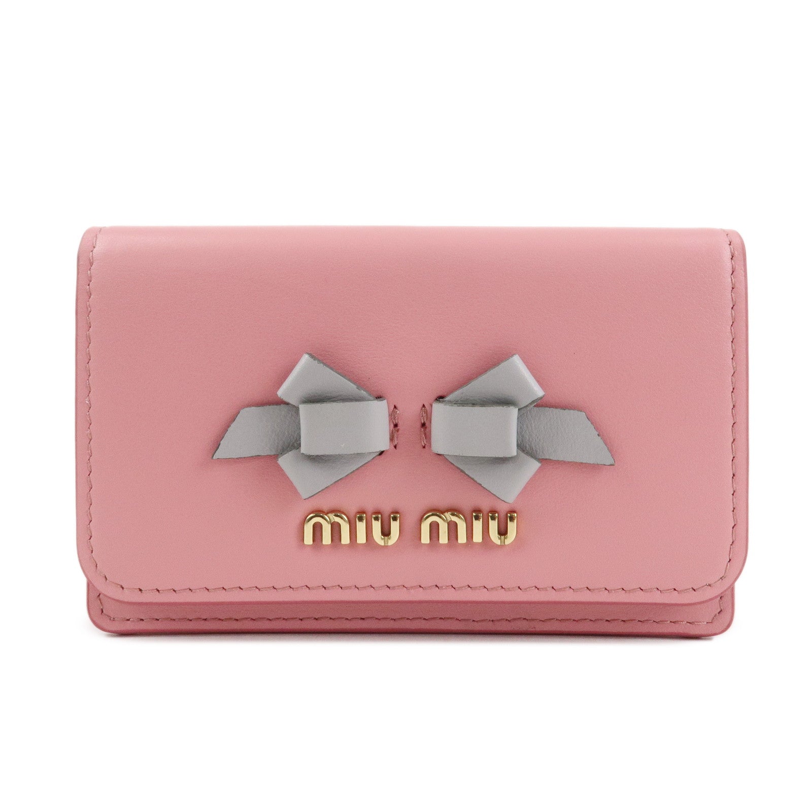 MIU MIU Leather Ribbon Bifold Card Case Pink Gray 5MBC011 Used