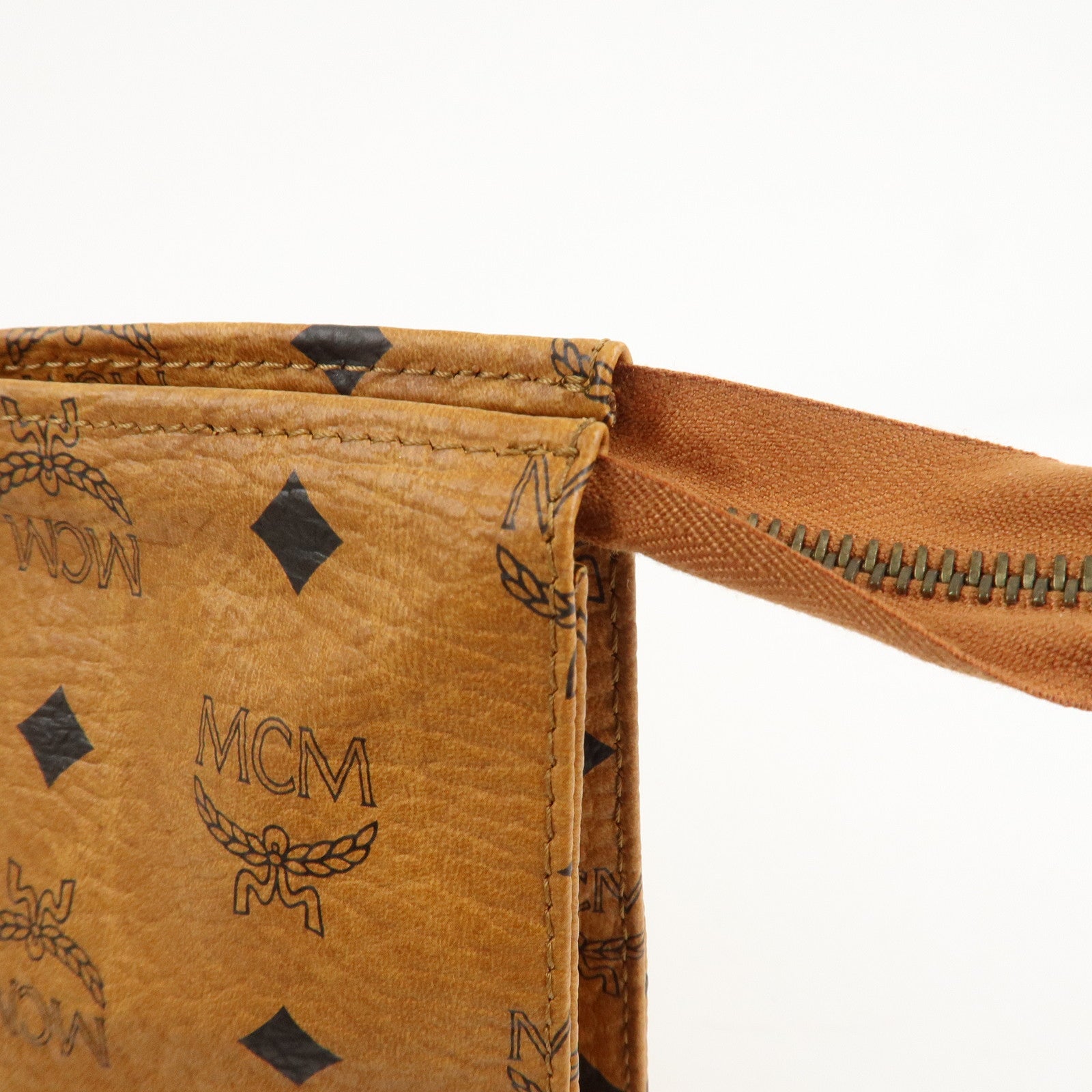 MCM Visetos Leather Clutch Bag Brown Gold Hardware