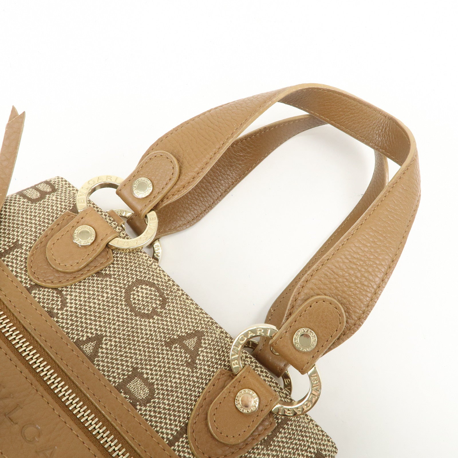 BVLGARI Logo Mania Canvas Leather Hand Bag Light Brown