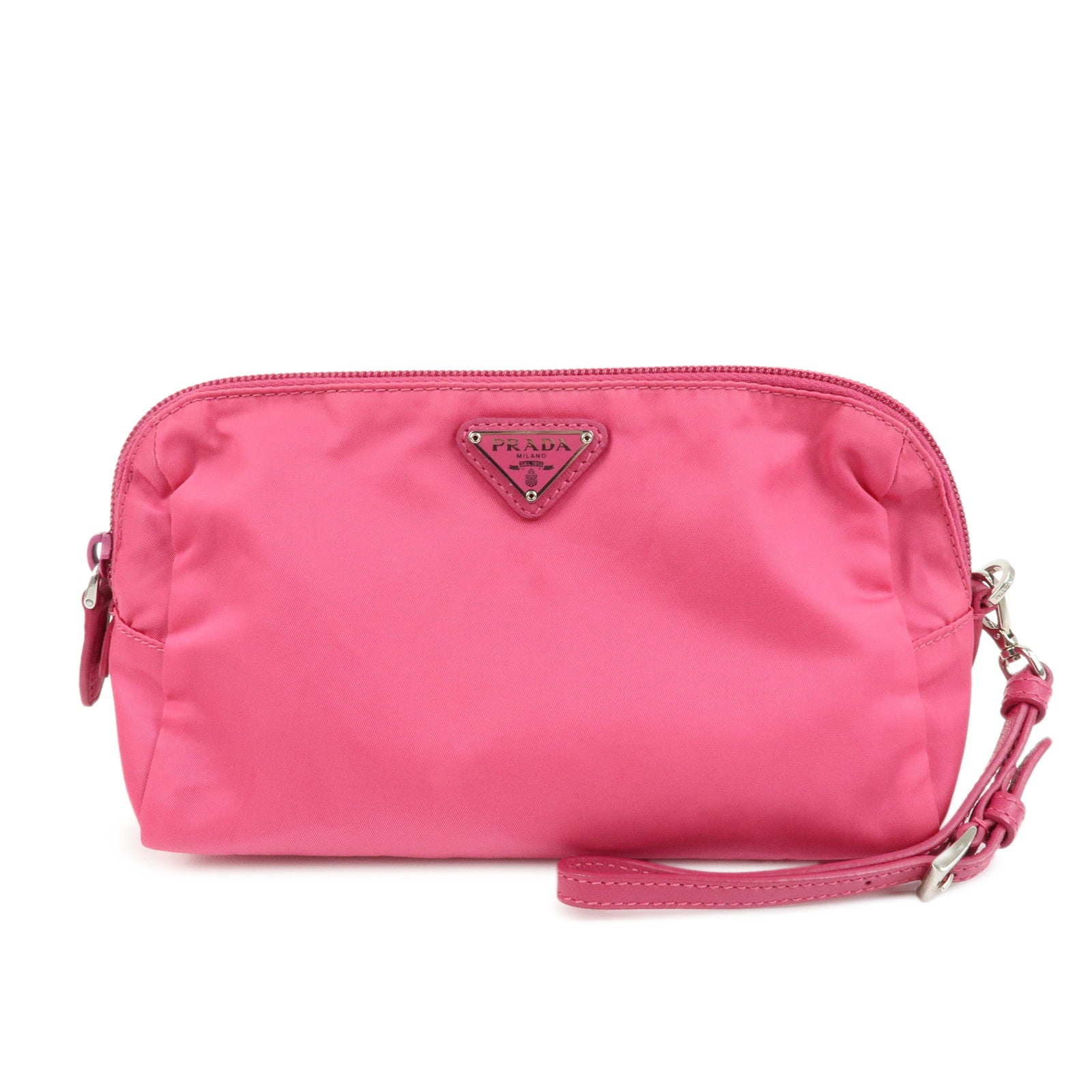 PRADA Triangle Logo Nylon Leather Cosmetic Wristlet Pouch Pink