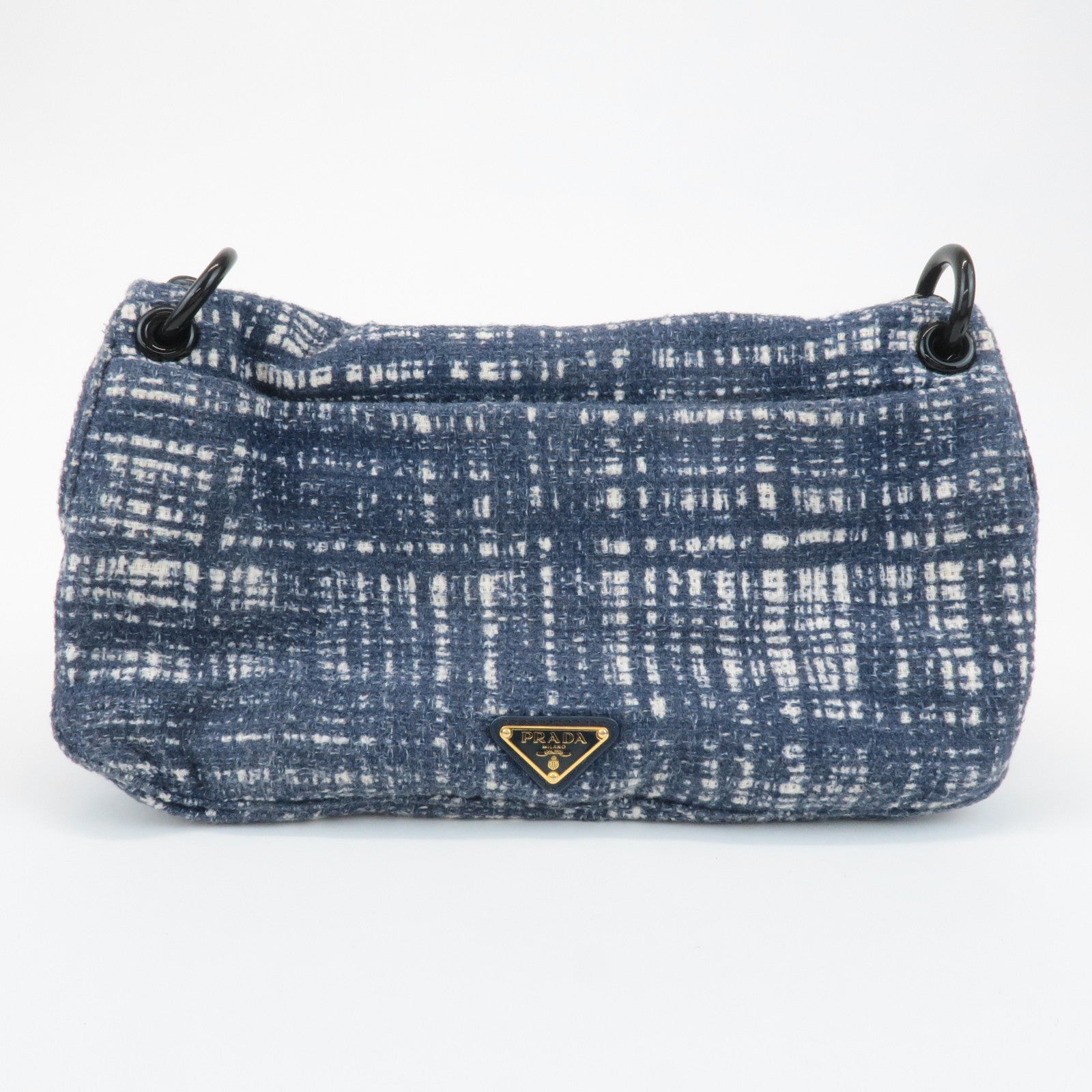 PRADA Tweed Leather Plastic Chain Shoulder Bag Navy White BR4874 Used